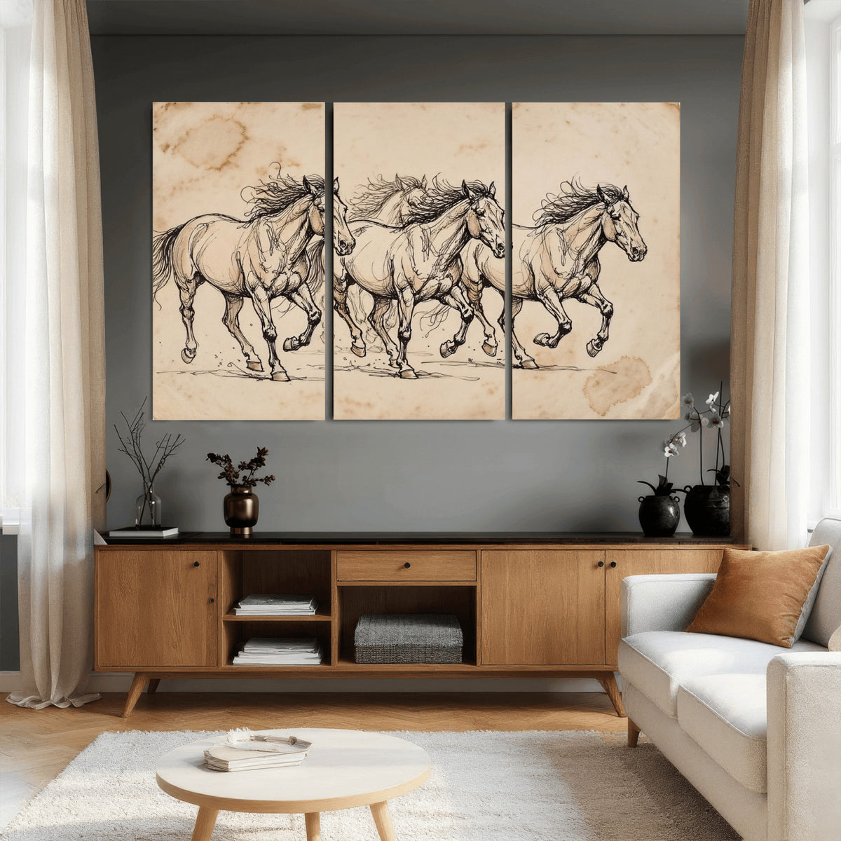 18242163-MGV-CV-36X24 - Vintage Horse Sketch Canvas Wall Art, Wild Horses Pencil Drawing Print, Antique Parchment Western Decor, Equine Sketching, Country Manor Gift