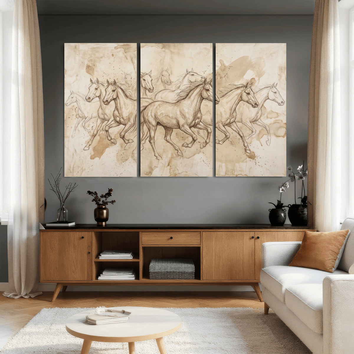 52233469-MGV-CV-36X24 - Vintage Horse Sketch Canvas Wall Art, Wild Horses Pencil Drawing Print, Antique Parchment Western Decor, Equine Sketching, Country Manor Gift