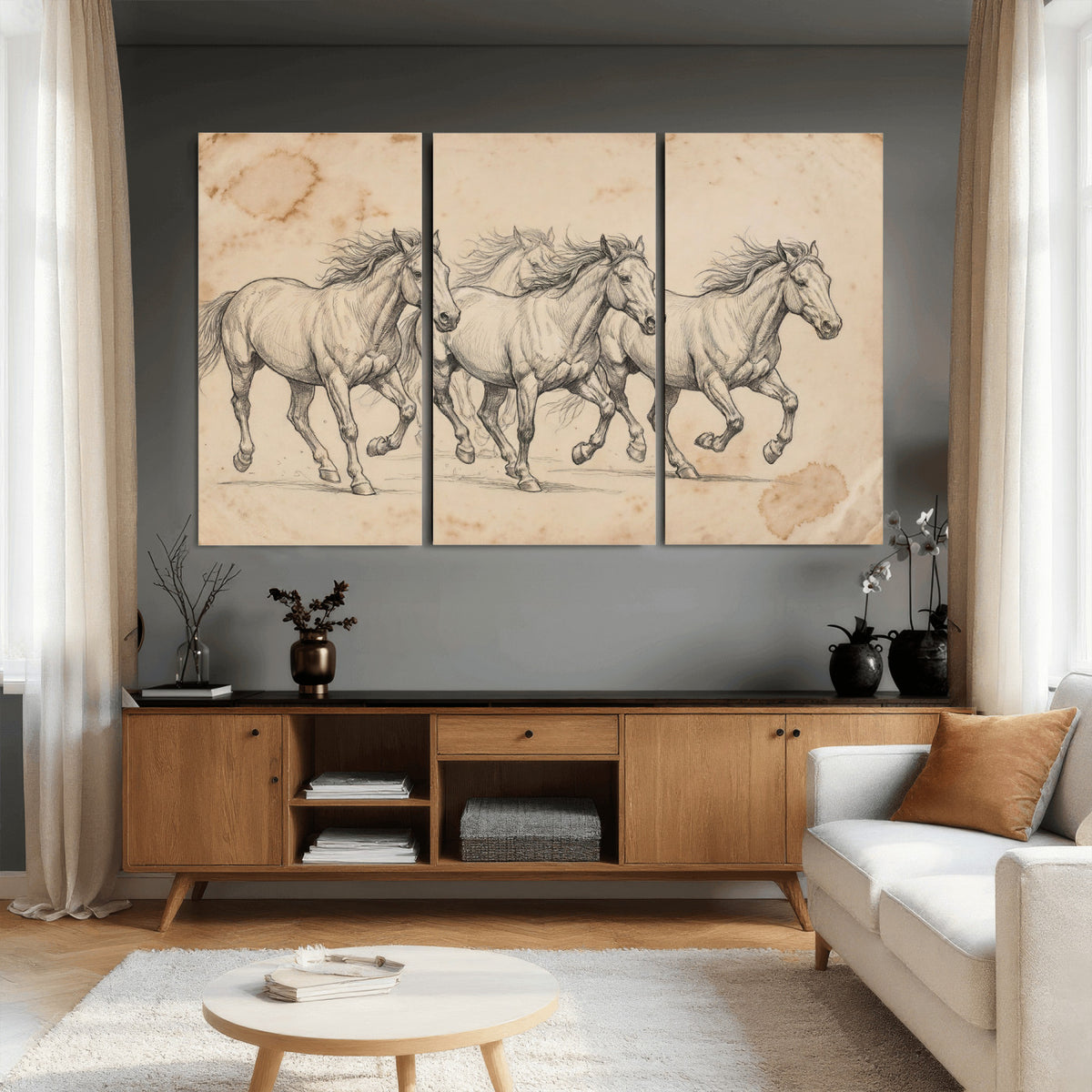 16644391-MGV-CV-36X24 - Vintage Horse Sketch Canvas Wall Art, Wild Horses Pencil Drawing Print, Antique Parchment Western Decor, Equine Sketching, Country Manor Gift