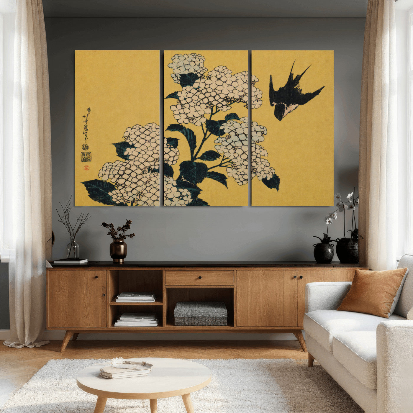 92483501-MGV-CV-36X24 - Katsushika Hokusai Hydrangea and Swallow Wall Art Canvas Print, Japanese Woodblock Painting Print