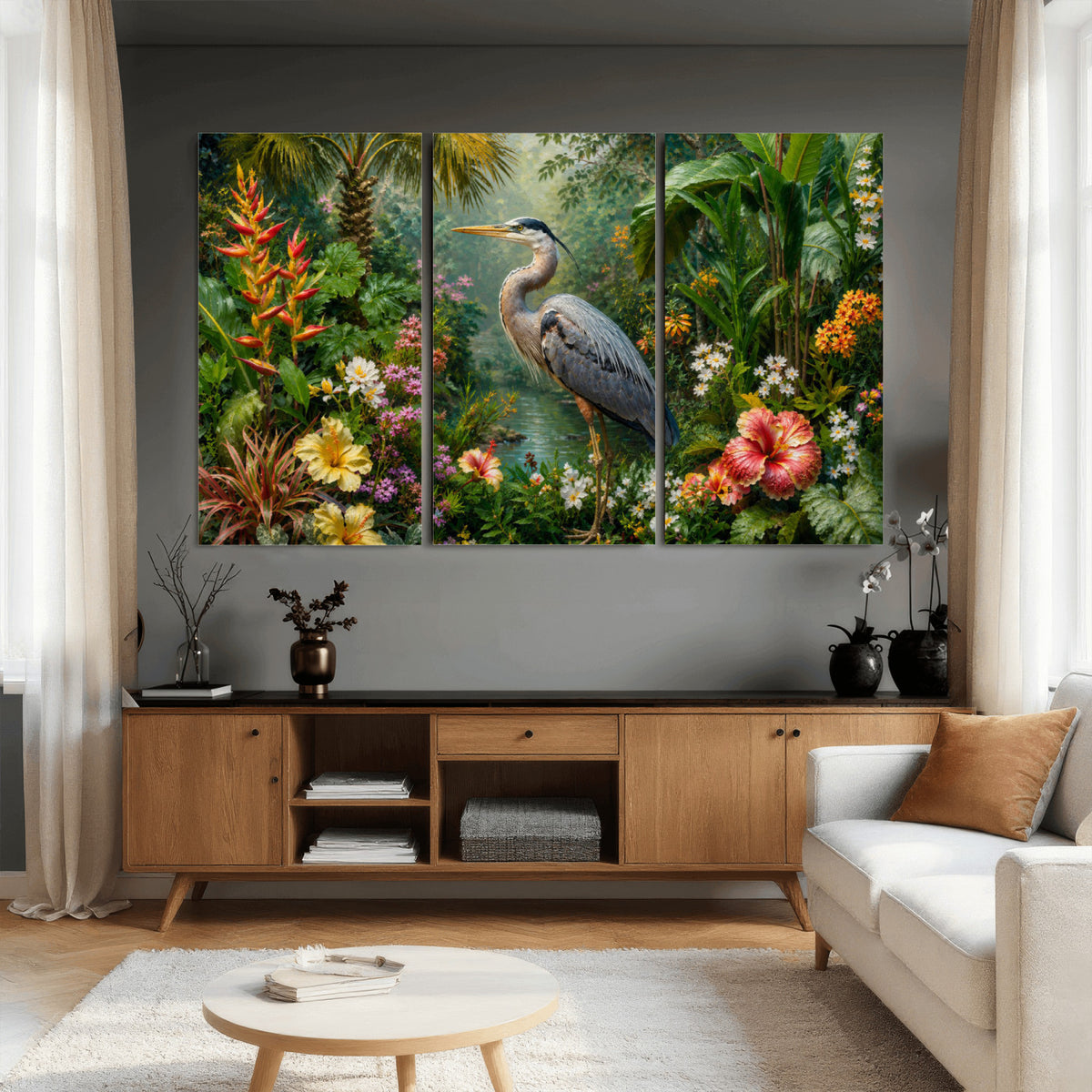 81059387-MGV-CV-36X24 - Great Blue Heron Tropical Jungle Wall Art Canvas Print, Exotic Botanical Garden Painting Print