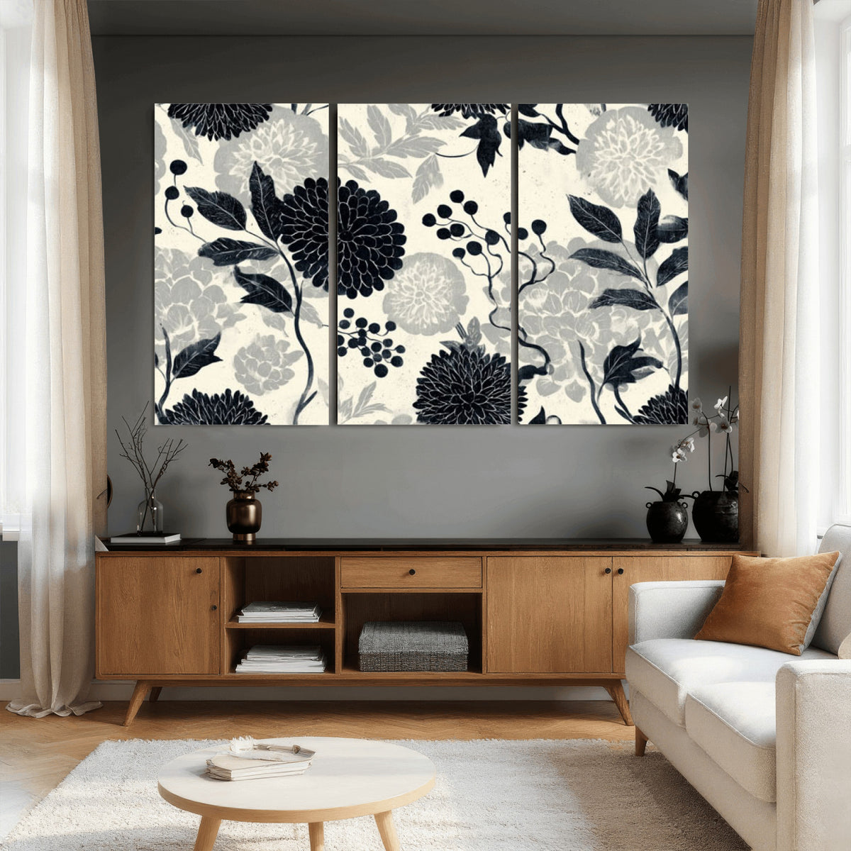 61524791-MGV-CV-36X24 - Vintage Black Chrysanthemum Wall Art Canvas Print, Monochrome Dhalia Floral Painting Print