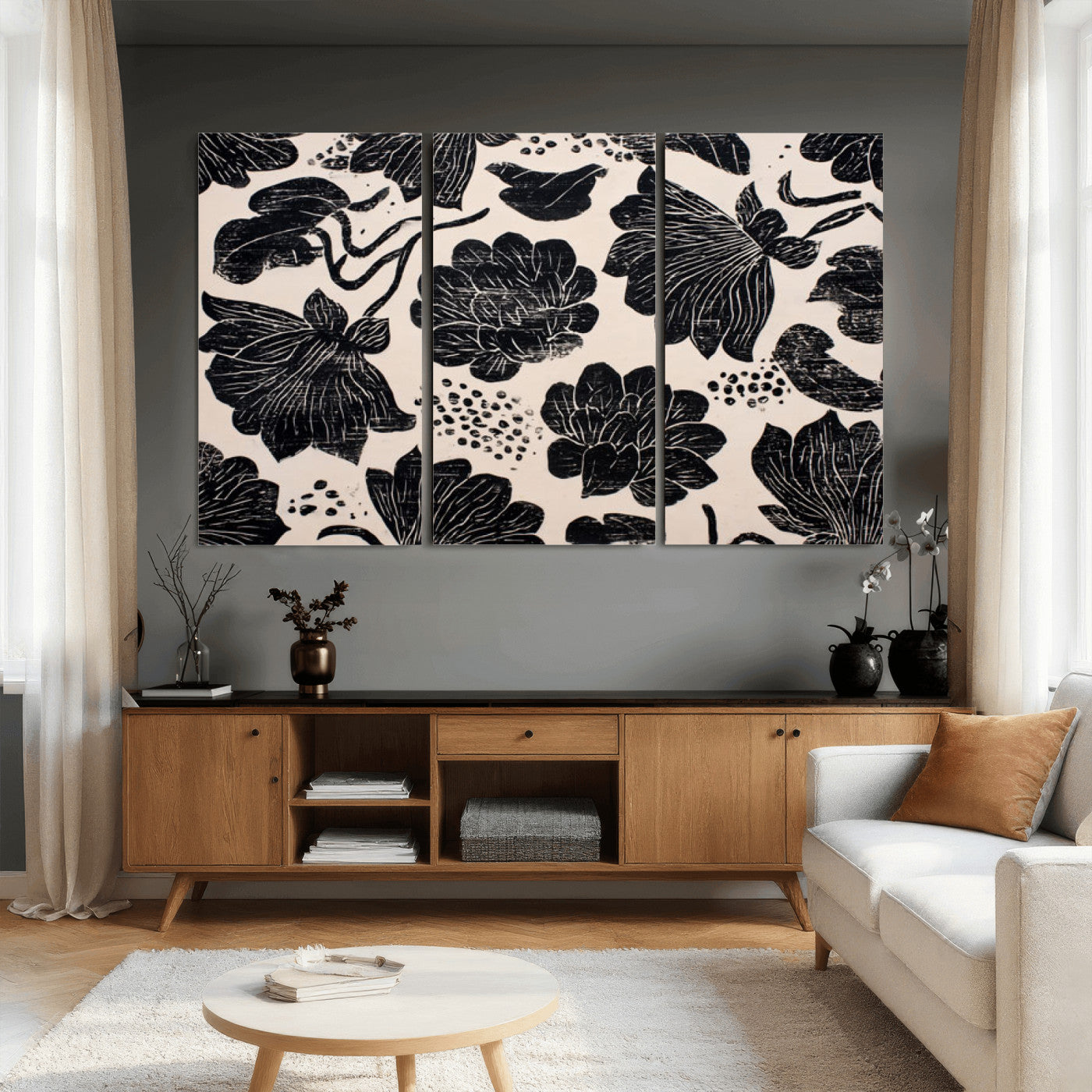 81787117-MGV-CV-36X24 - Linocut Black Lotus Floral Wall Art Canvas Print, Vintage Monochrome Botanical Painting Print