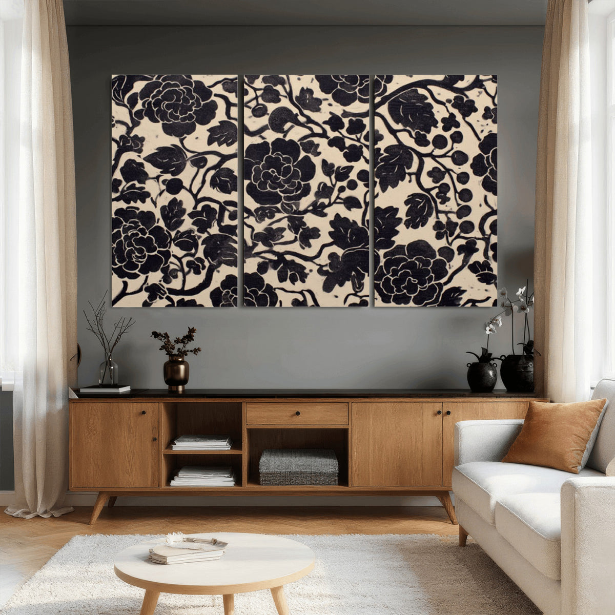86696255-MGV-CV-36X24 - Vintage Black and Cream Floral Wall Art Canvas Print, Chinoiserie Botanical Painting Print