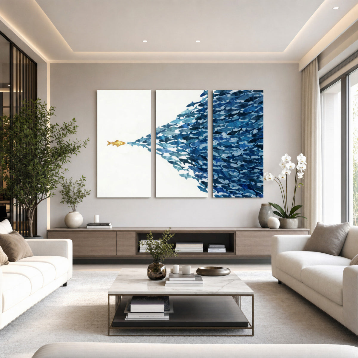 79089639-MGV-CV-36X24 - Abstract Blue Fish School Canvas Wall Art, Gold Foil Accent Marine Print