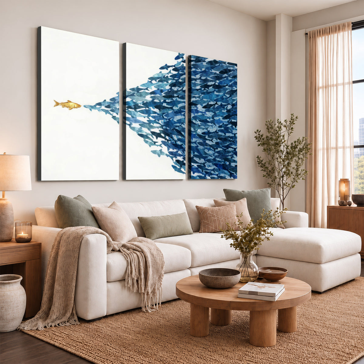 79089639-MGV-CV-36X24 - Abstract Blue Fish School Canvas Wall Art, Gold Foil Accent Marine Print