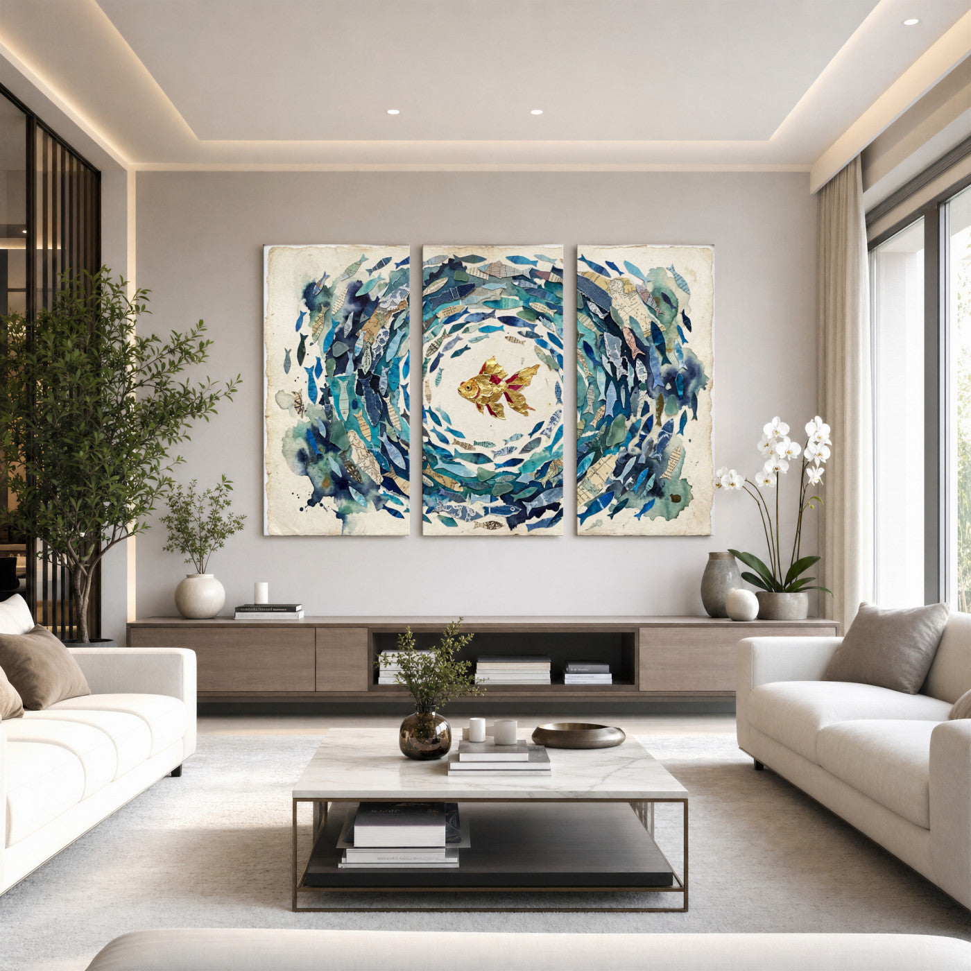 73165663-MGV-CV-36X24 - Mixed Media Blue Fish Swirl Canvas Wall Art, Goldfish Collage Ocean Print