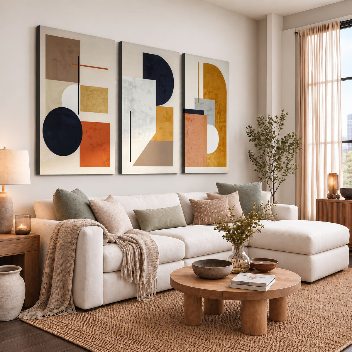 87361249-MGV-CV-48X32-3P - Mid Century Modern Geometric Canvas Wall Art, Abstract Triptych Print