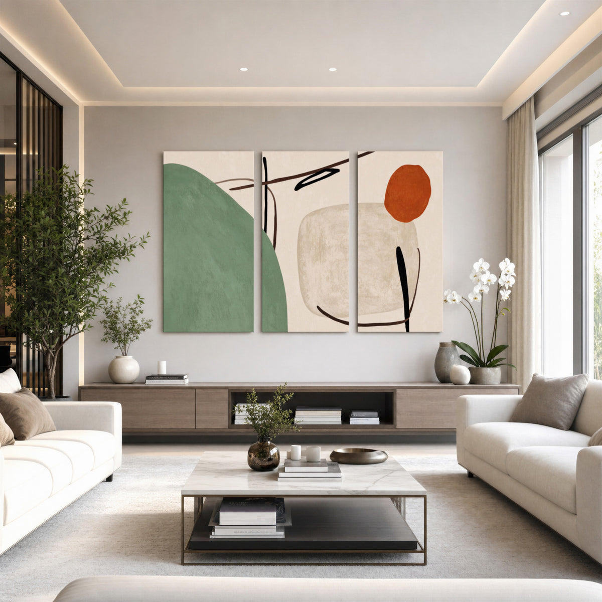 46798824-MGV-CV-48X32-3P - Mid Century Modern Geometric Canvas Wall Art, Abstract Triptych Print