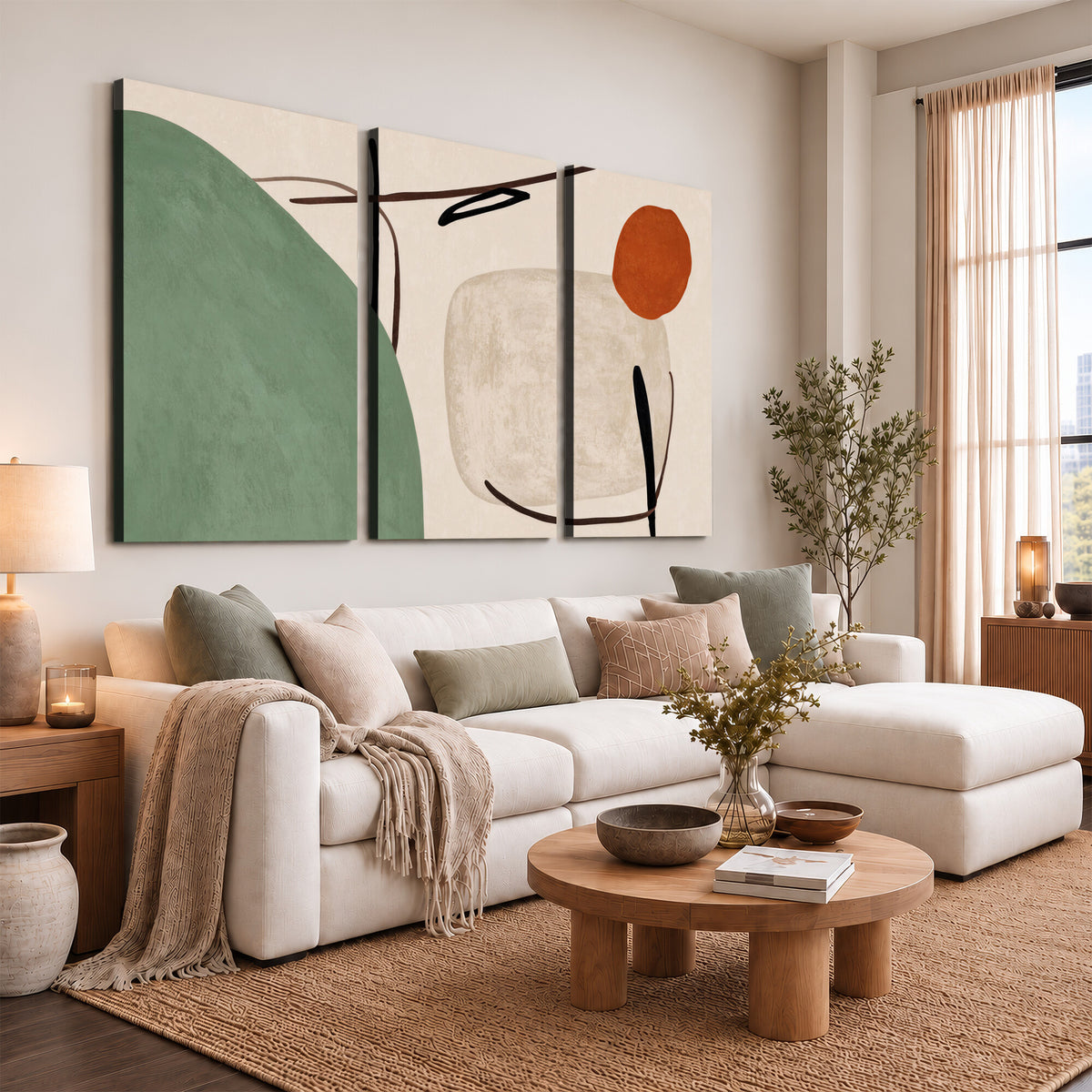 46798824-MGV-CV-48X32-3P - Mid Century Modern Geometric Canvas Wall Art, Abstract Triptych Print