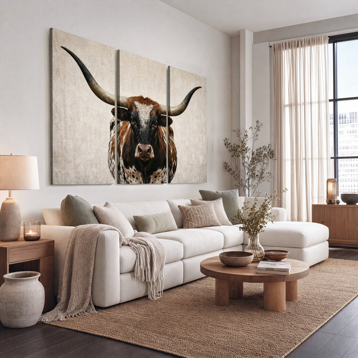 58622065-MGV-CV-36X24 - Texas Longhorn Canvas Wall Art Western Bull Desert Moody Grey Overcast Rustic Farmhouse Framed Large for Living Room Bedroom Office Decor