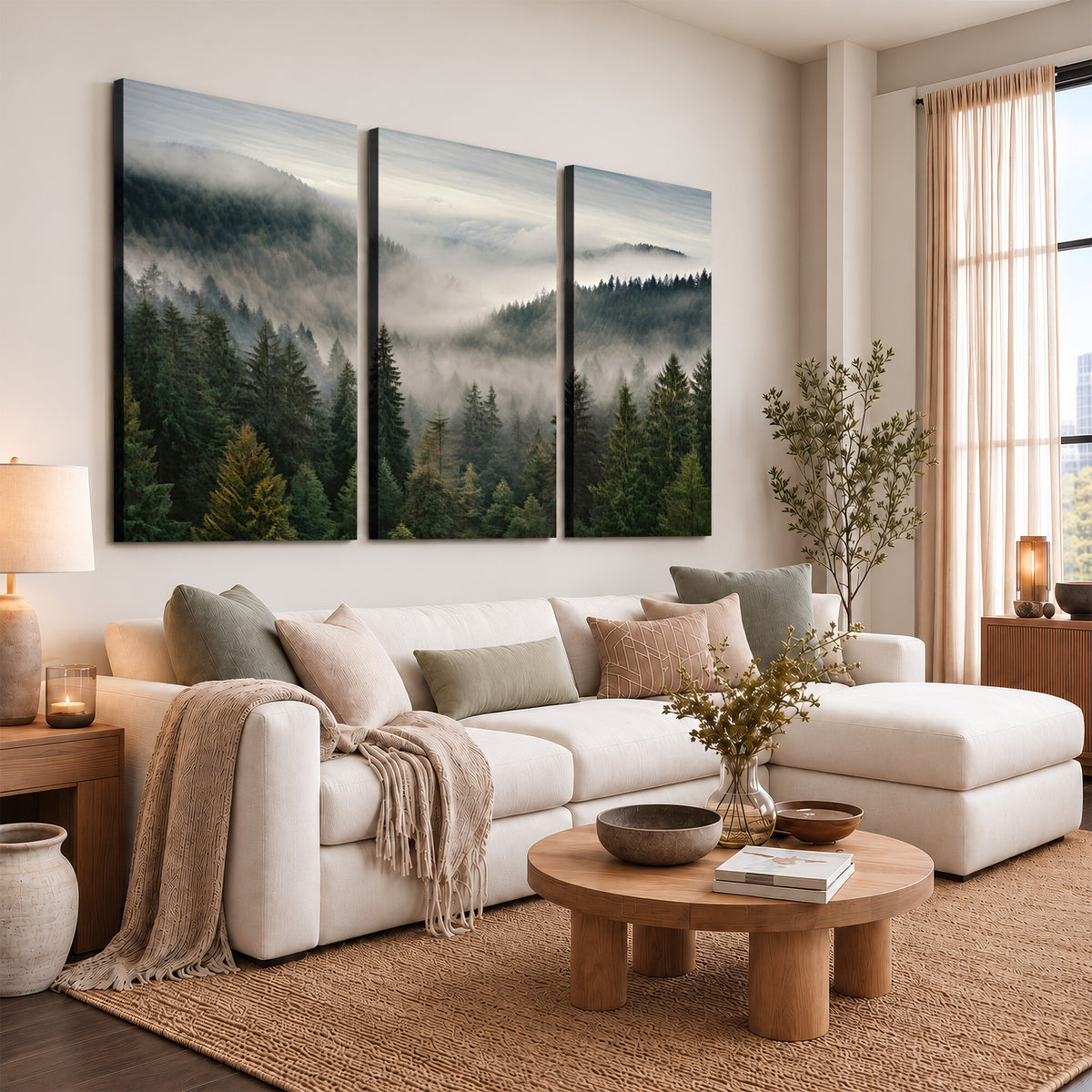 38409495-_Poster-30x20 - Misty Pine Valley Mountain Canvas Print 3 Piece Framed Wall Art Extra Large Floating Frame Nature Poster Made in USA
