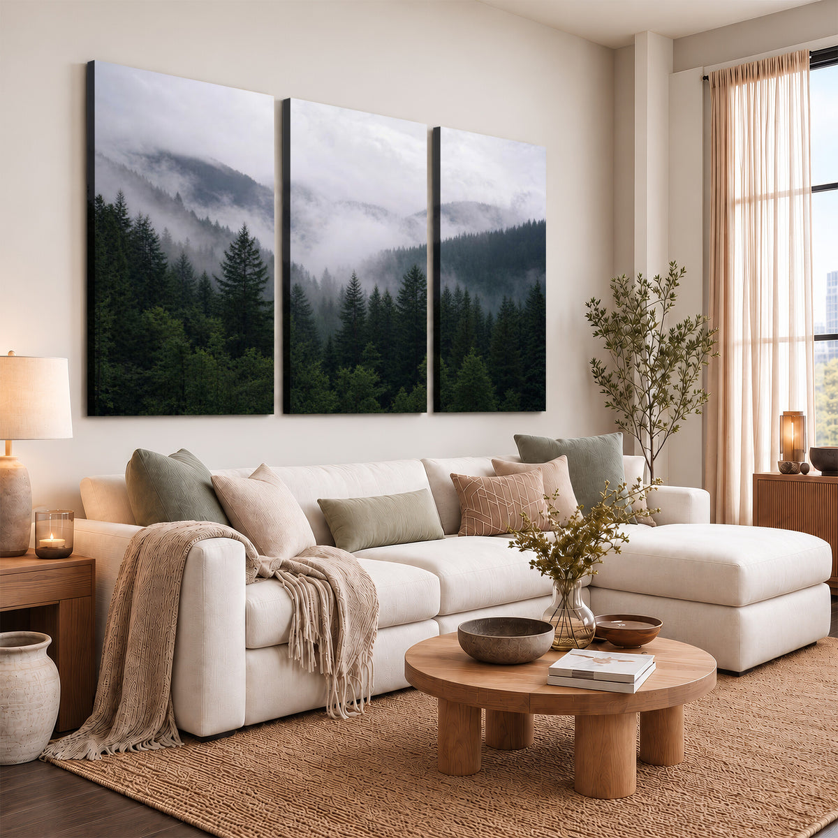 25432119-_Poster-30x20 - Misty Mountain Pine Forest Canvas Print 3 Piece Framed Wall Art Extra Large Floating Frame Nature Poster Made in USA