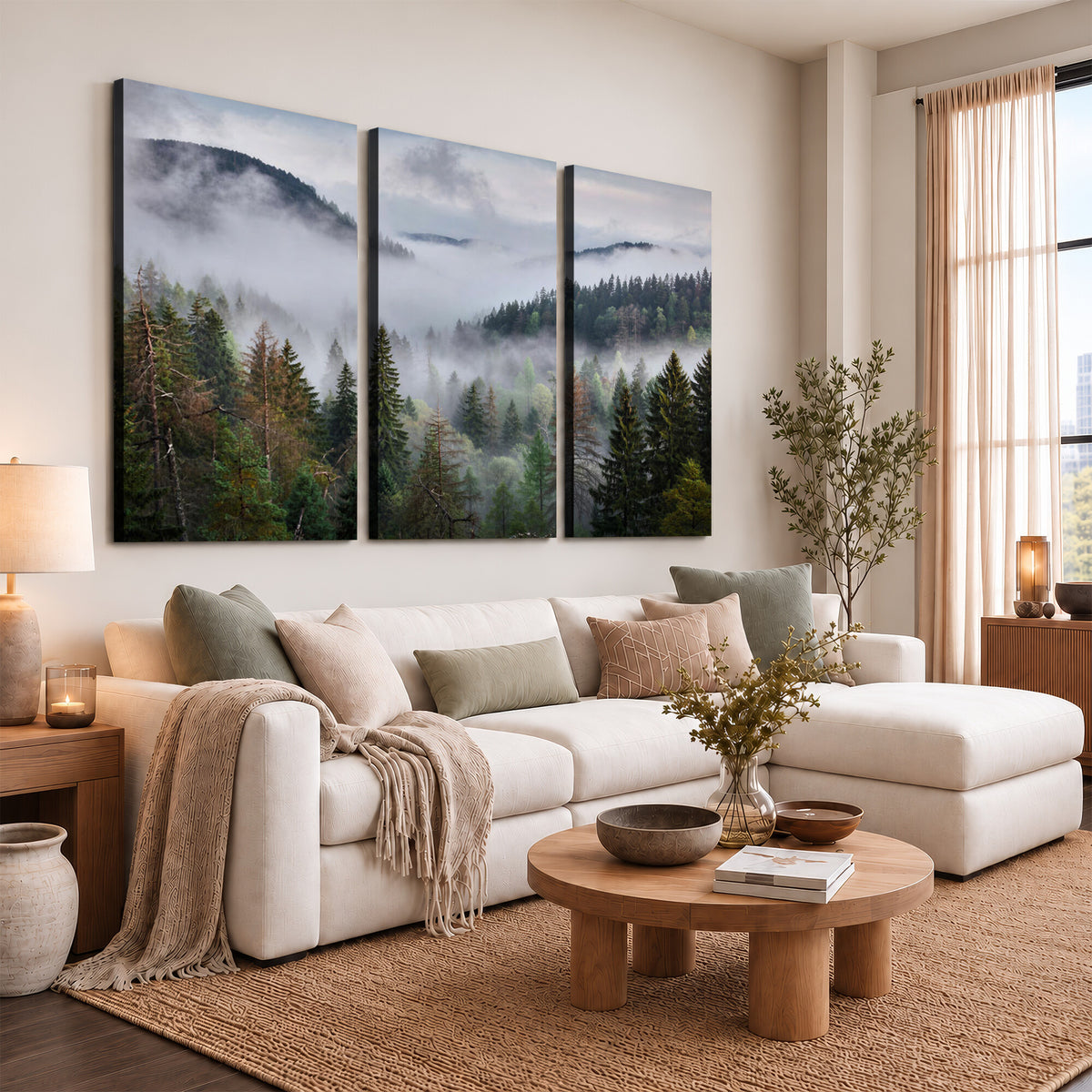 18735847-_Poster-30x20 - Foggy Pine Forest Mountain Canvas Print 3 Piece Framed Wall Art Extra Large Floating Frame Nature Poster Made in USA