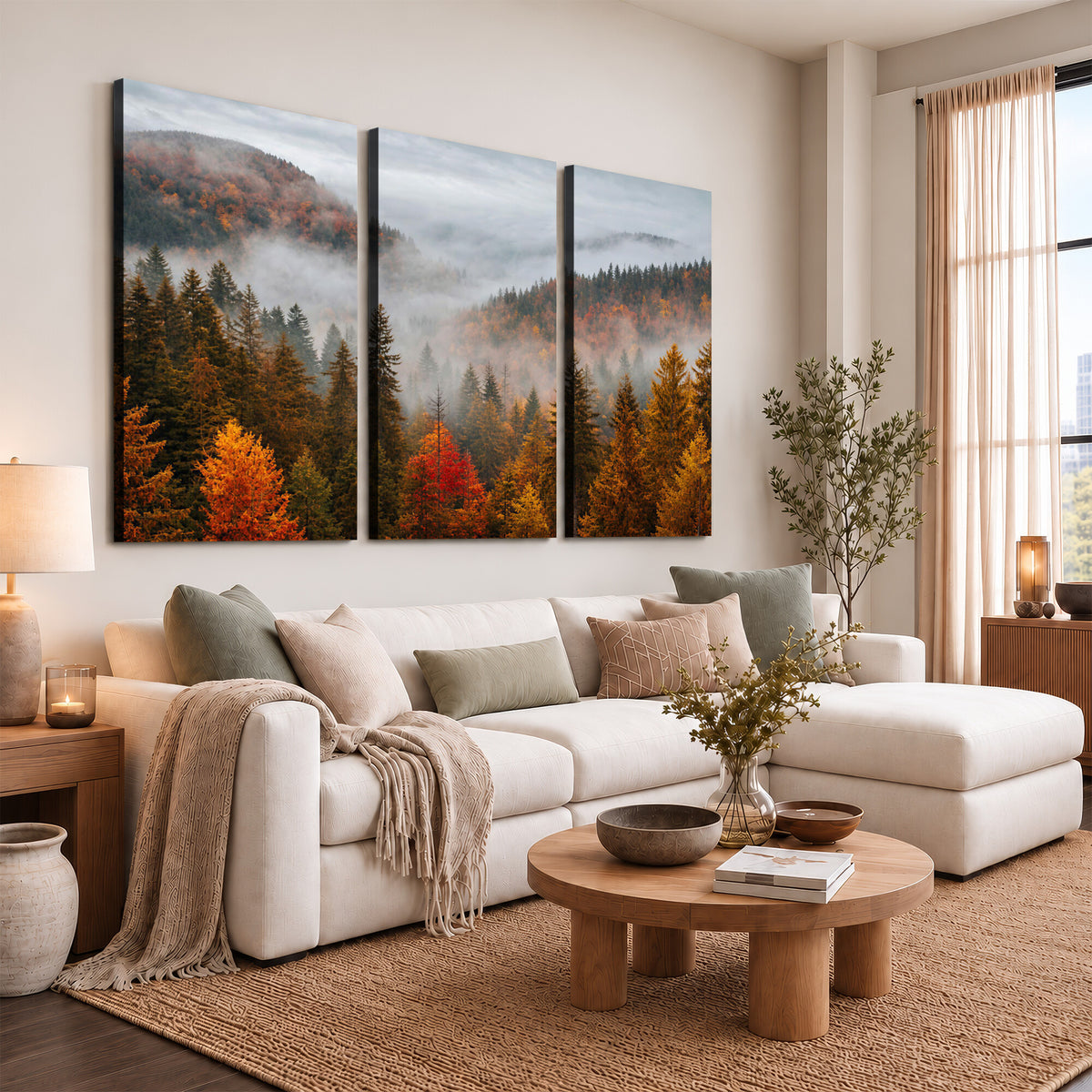 87481341-_Poster-30x20 - Foggy Autumn Mountain Canvas Print Smoky Pine Forest Wall Art Panoramic Nature Poster 3 Piece Made in USA