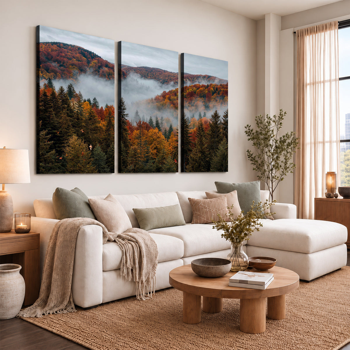 26686263-_Poster-30x20 - Misty Autumn Forest Mountain Canvas Print 3 Panel Wall Art Gallery Wrapped Floating Frame Poster Made in USA