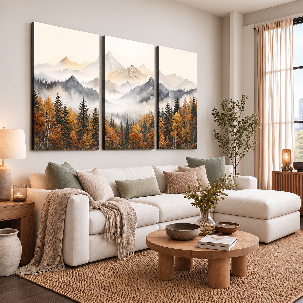 19544118-MGV-TP-30X20 - Misty Mountain Autumn Forest Canvas Wall Art - Watercolor Fall Nature Landscape Print