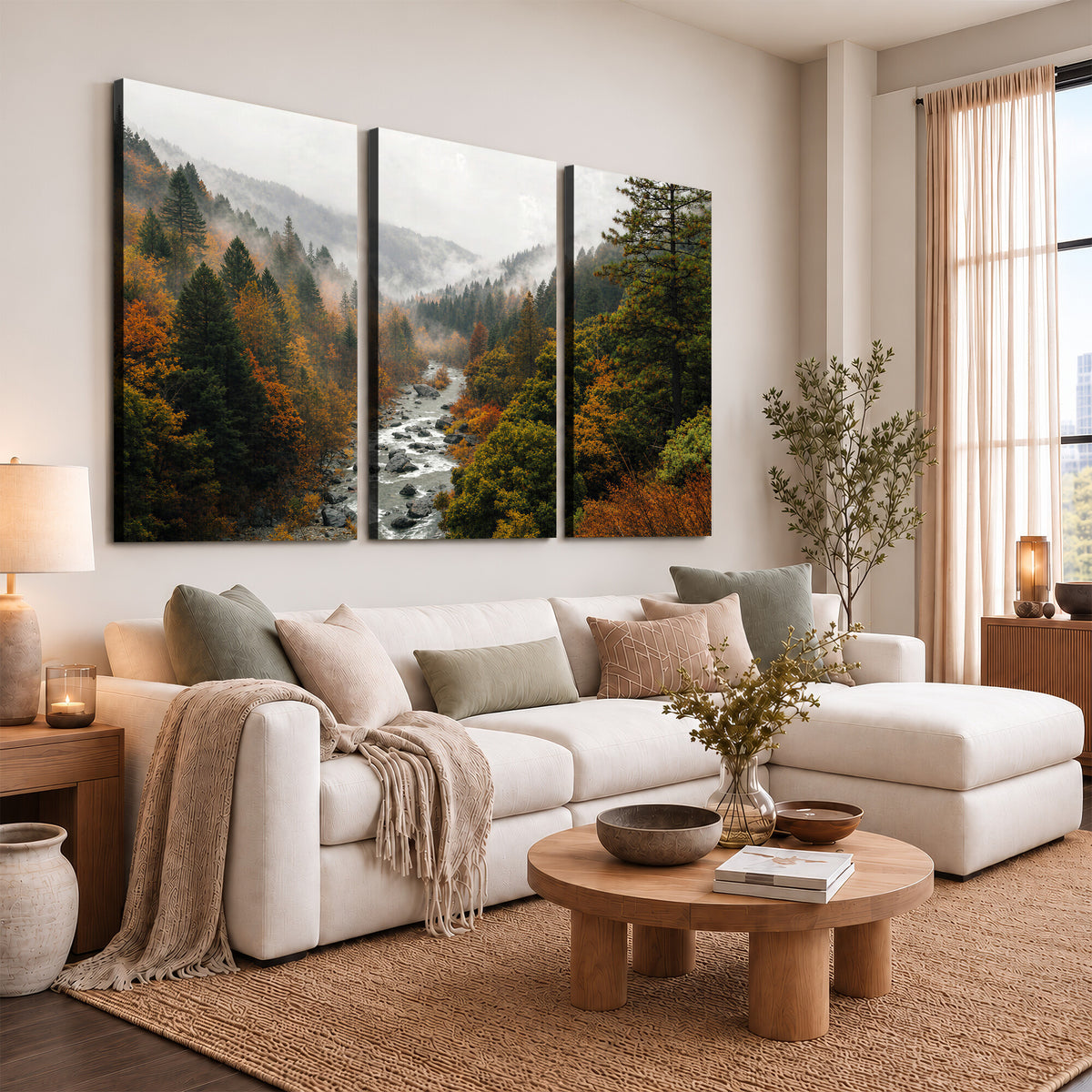 95540697-MGV-TP-30X20 - Misty River Mountain Valley Canvas Wall Art - Autumn Forest Landscape Nature Print