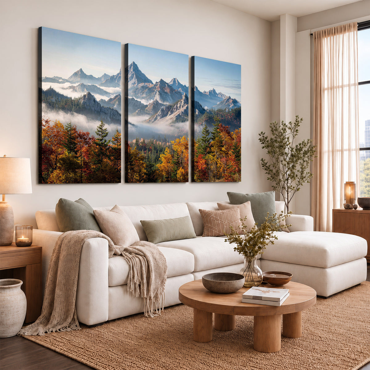 38847944-MGV-TP-30X20 - Majestic Mountain Peak Canvas Wall Art - Panoramic Autumn Forest Fog Landscape Print