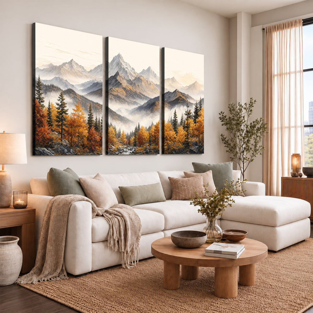 21309099-MGV-TP-30X20 - Extra Large Misty Mountain Autumn Forest Canvas Wall Art - Watercolor Fall Nature Landscape Print