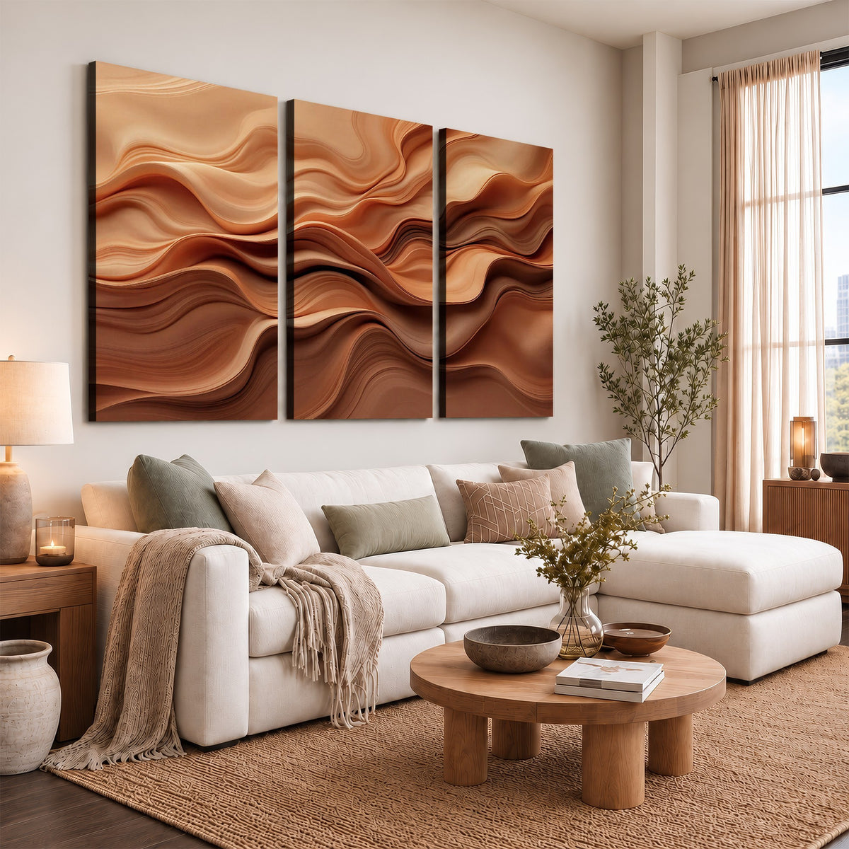 82230697-_Poster-30x20 - Modern Abstract Fluid Waves Canvas Wall Art - Minimalist Warm Terracotta Beige Sand Print