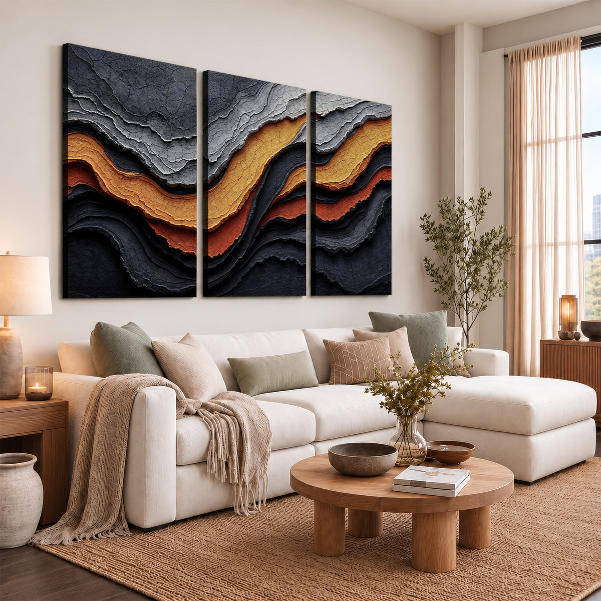 59852489-MGV-CV-36X24 - Abstract Waves Canvas Wall Art - Modern Terracotta and Charcoal Gray Print