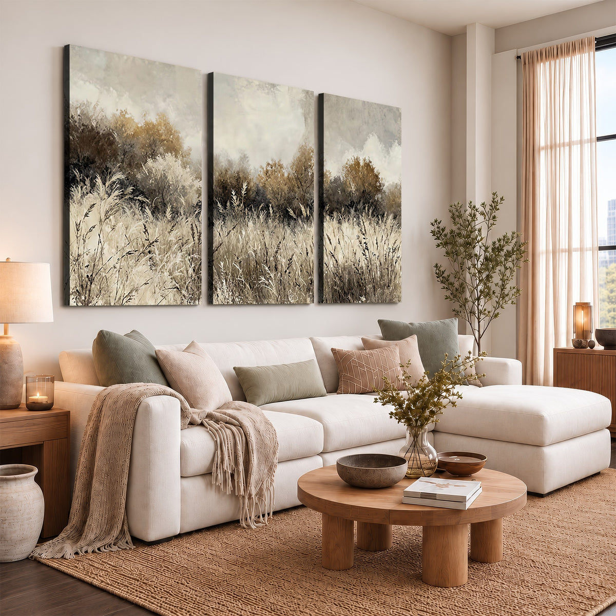 53959945-_Poster-30x20 - Muted Neutral Forest Landscape Canvas Wall Art - Vintage Rustic Wildflower Meadow Print