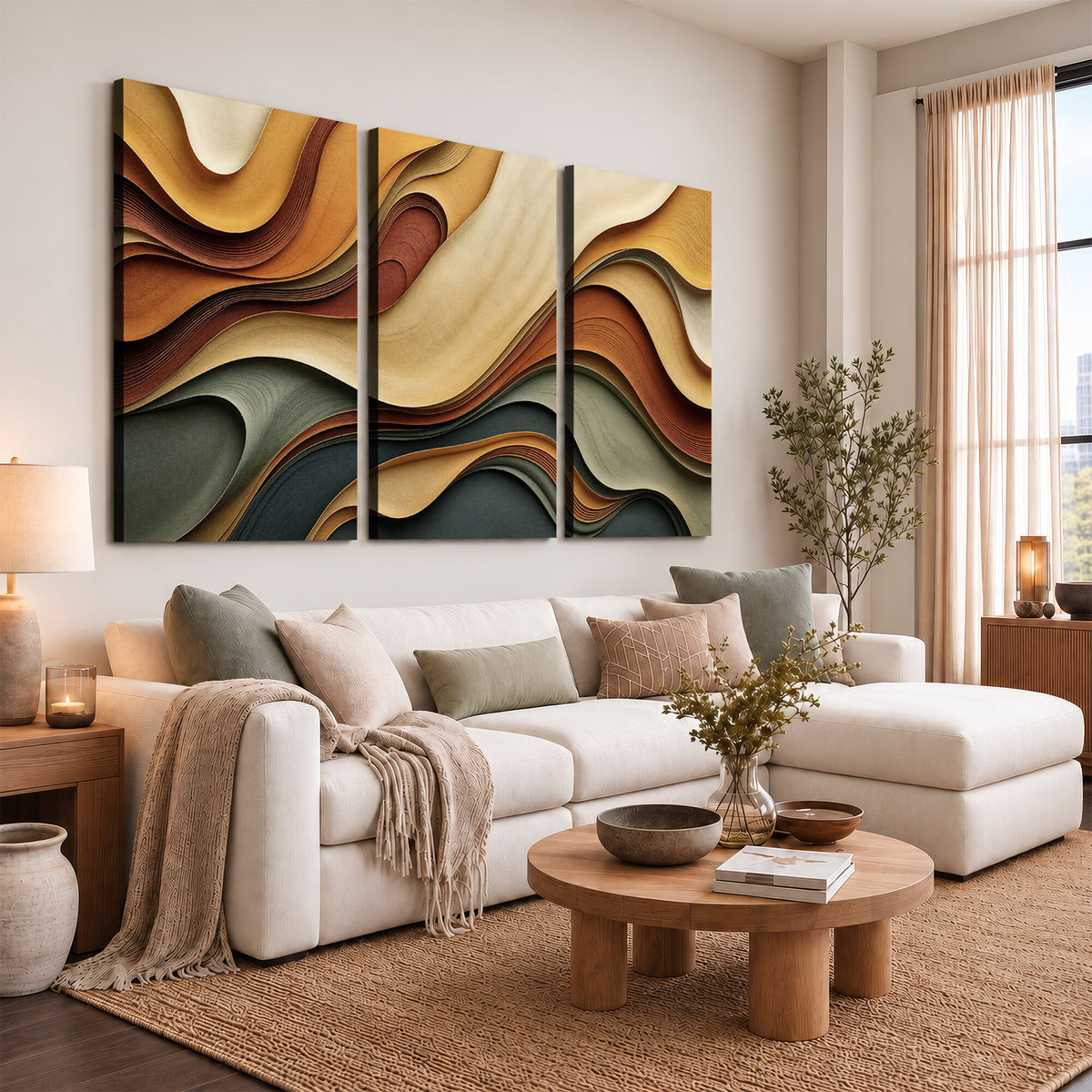 19337902-MGV-CV-36X24 - Modern Abstract Waves Canvas Wall Art - Minimalist Earthy Tone Living Room Decor
