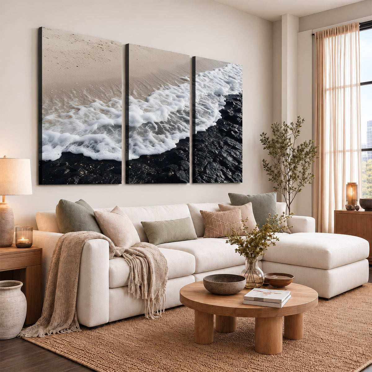 27448606-MGV-CV-24X16 - Ocean Wave Foam on Black Lava Rock Beach Canvas Wall Art Print