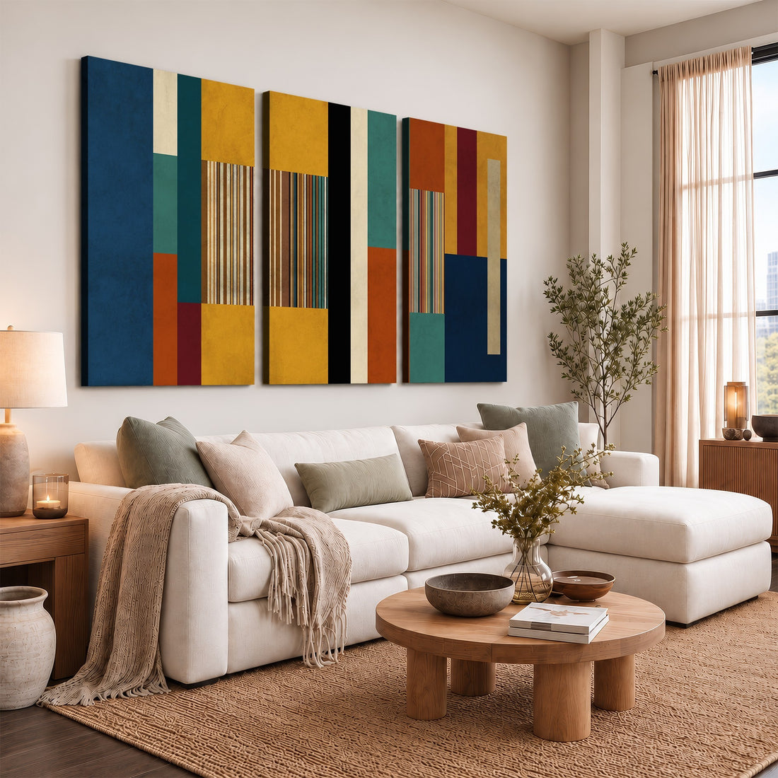 Mid Century Abstract Color Block Canvas Wall Art, Geometric Striped Canvas Print