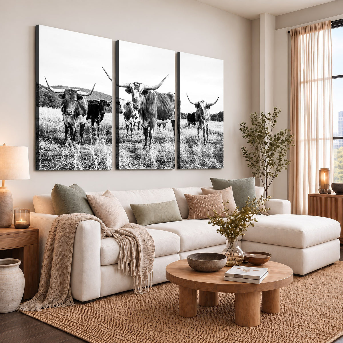 73228277-MGV-CV-48X32-3P - Black and White Longhorn Cattle Canvas Print, Western Ranch Wall Decor