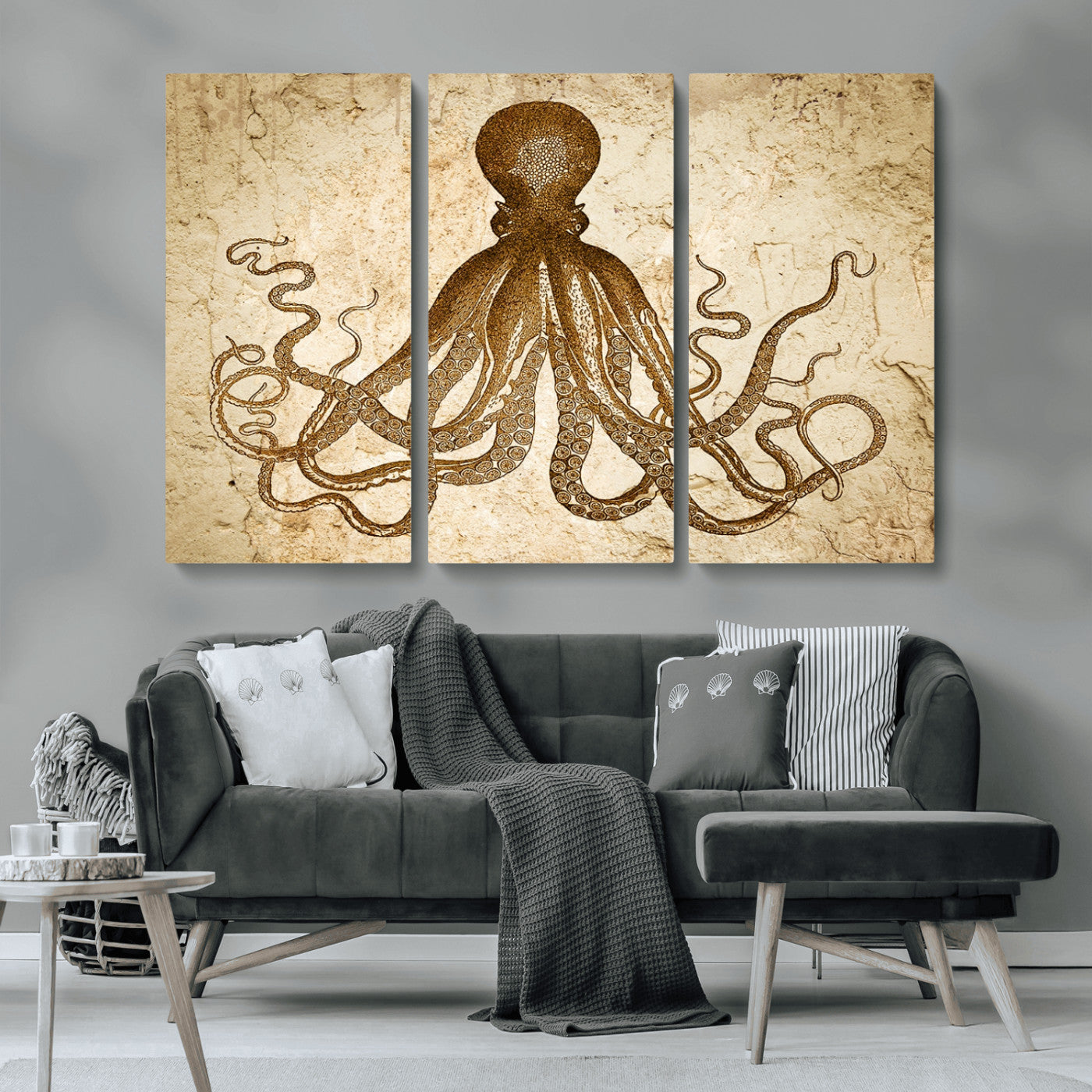 MGV-CV-48X32-3P - Sepia Octopus Wall Art Abstract Animal Canvas Print