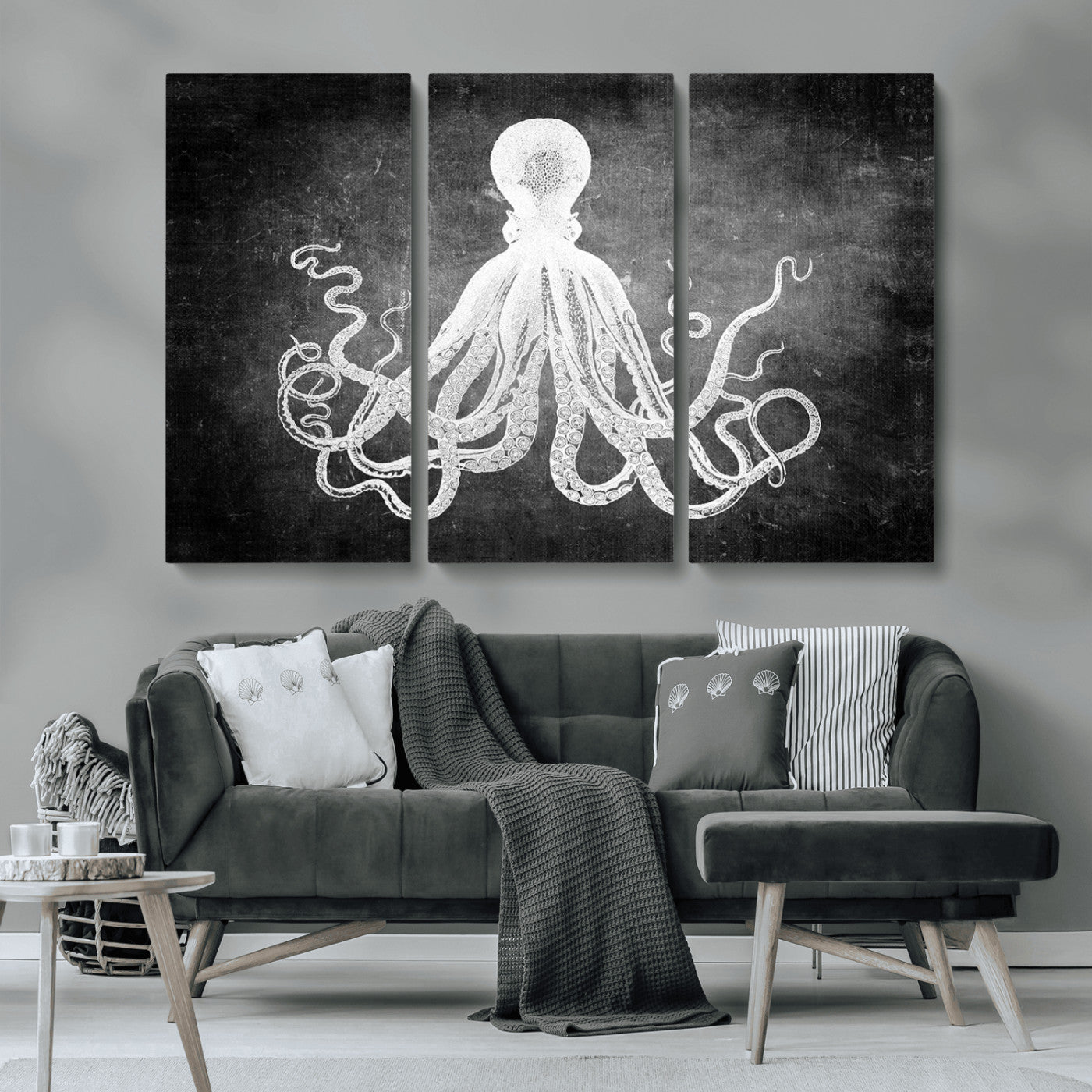 MGV-CV-48X32-3P - Black White Octopus Wall Art Canvas Print