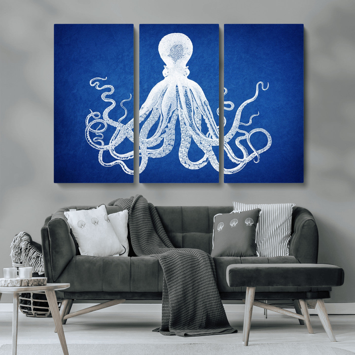 MGV-CV-48X32-3P - Large 3-Panel Blue Octopus Canvas Wall Art | Coastal Marine Life Artwork for Living Room, Bedroom,