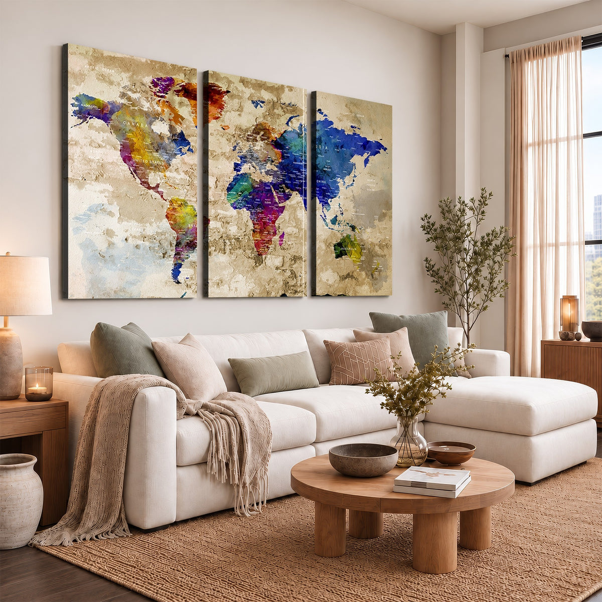 Colorful World Map Canvas Wall Art | Abstract Watercolor Map Print