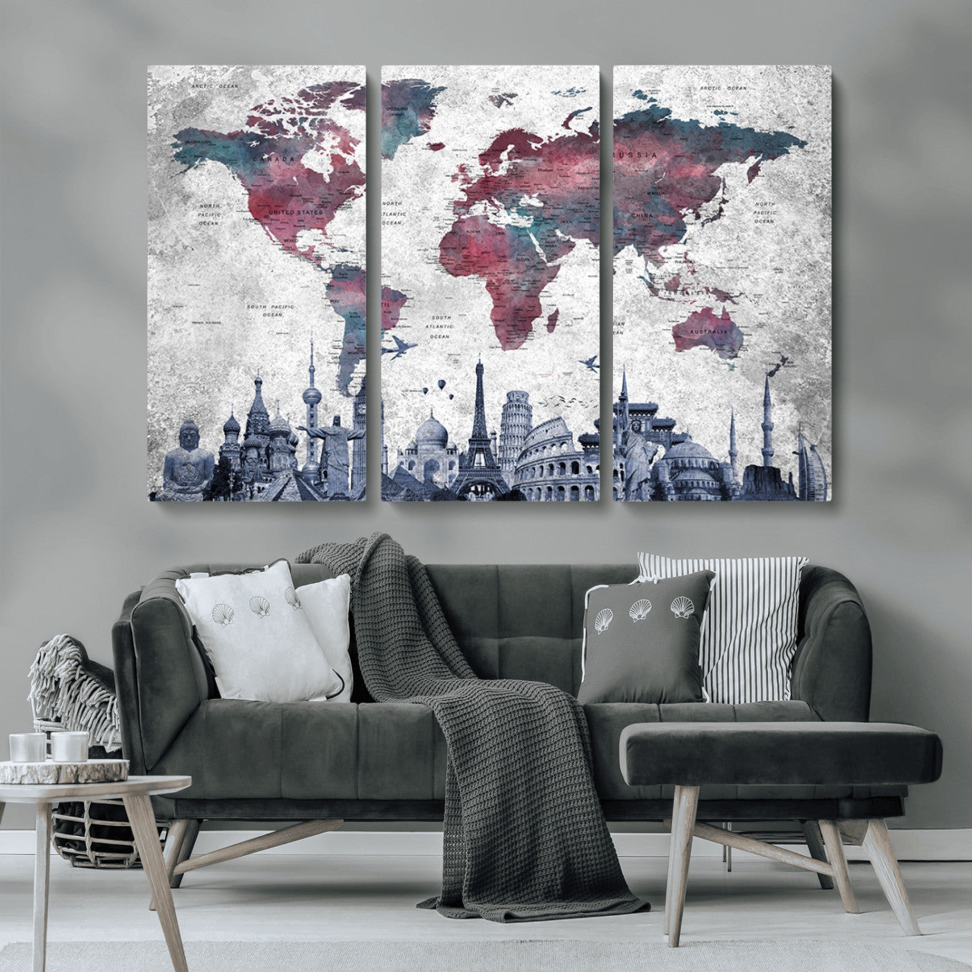 MGV-CV-48X32-3P - Push Pin World Map Canvas Print – Framed Wall Art for Couples to Track Their Travels – Anniversary