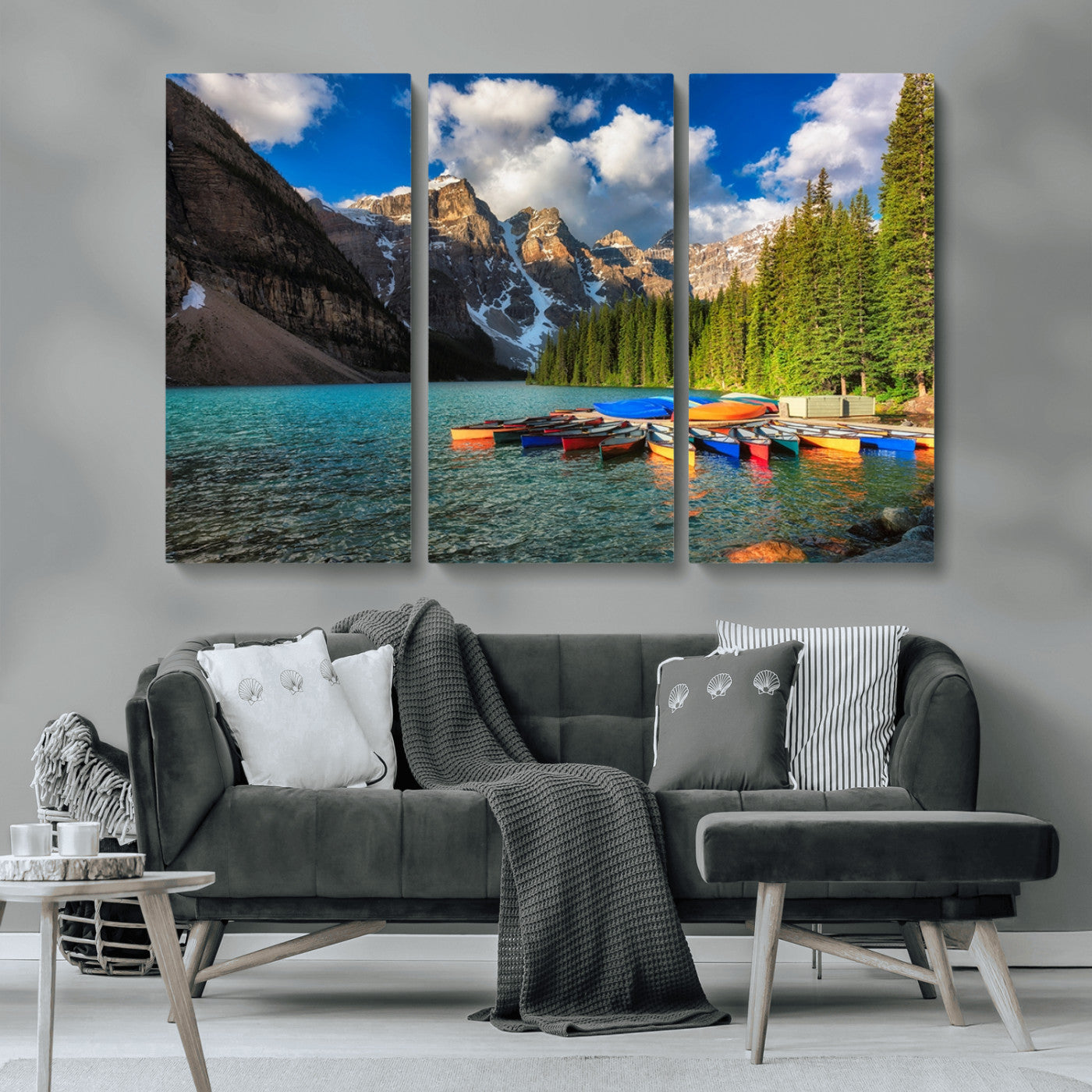 MGV-CV-48X32-3P - Moraine Lake 3-Panel Wall Art, Majestic Mountain and Lake Landscape Canvas Print Canoes on Moraine