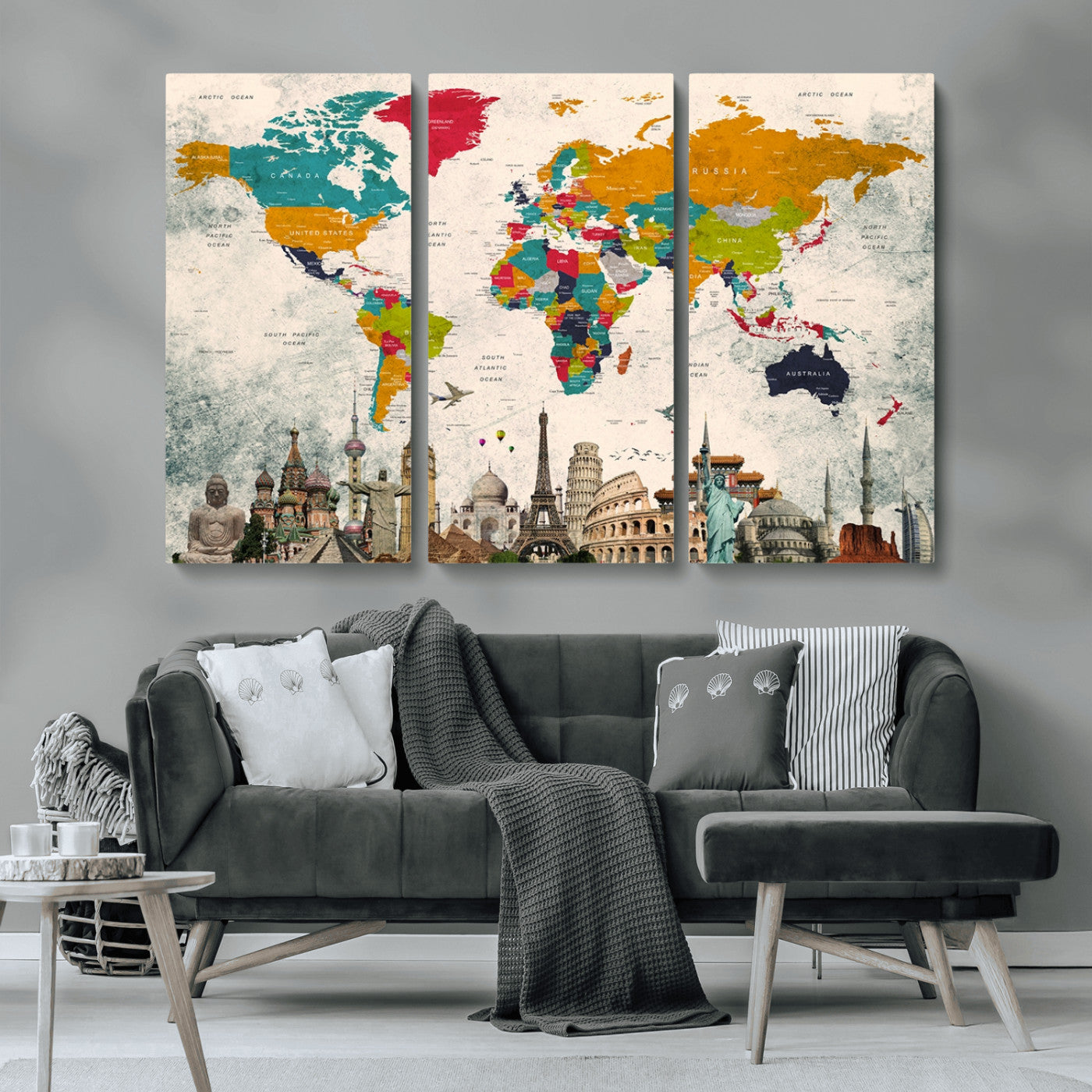 MGV-CV-48X32-3P - Push Pin World Map Canvas Print – Framed Wall Art for Couples to Track Their Travels – Anniversary