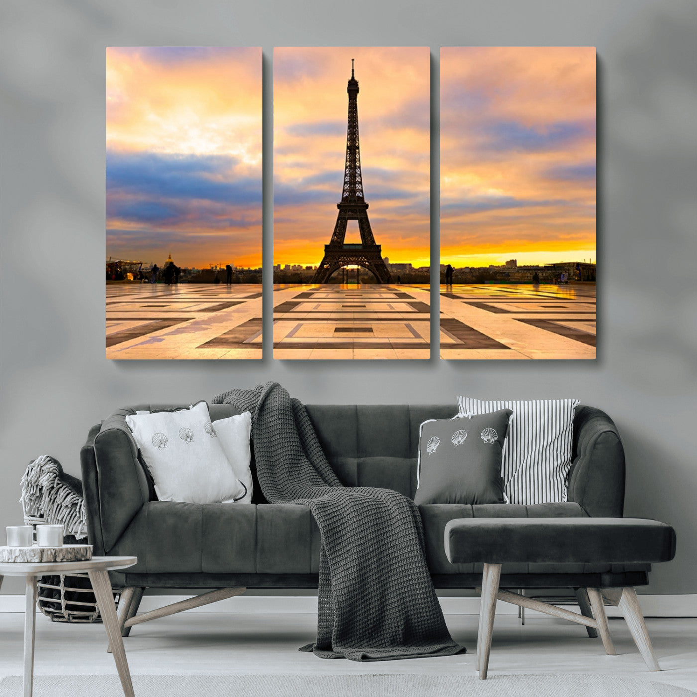 MGV-CV-48X32-3P - Paris Eiffel Tower Sunset Canvas Wall Art Print - Iconic Landmark Decor with Vibrant Colors