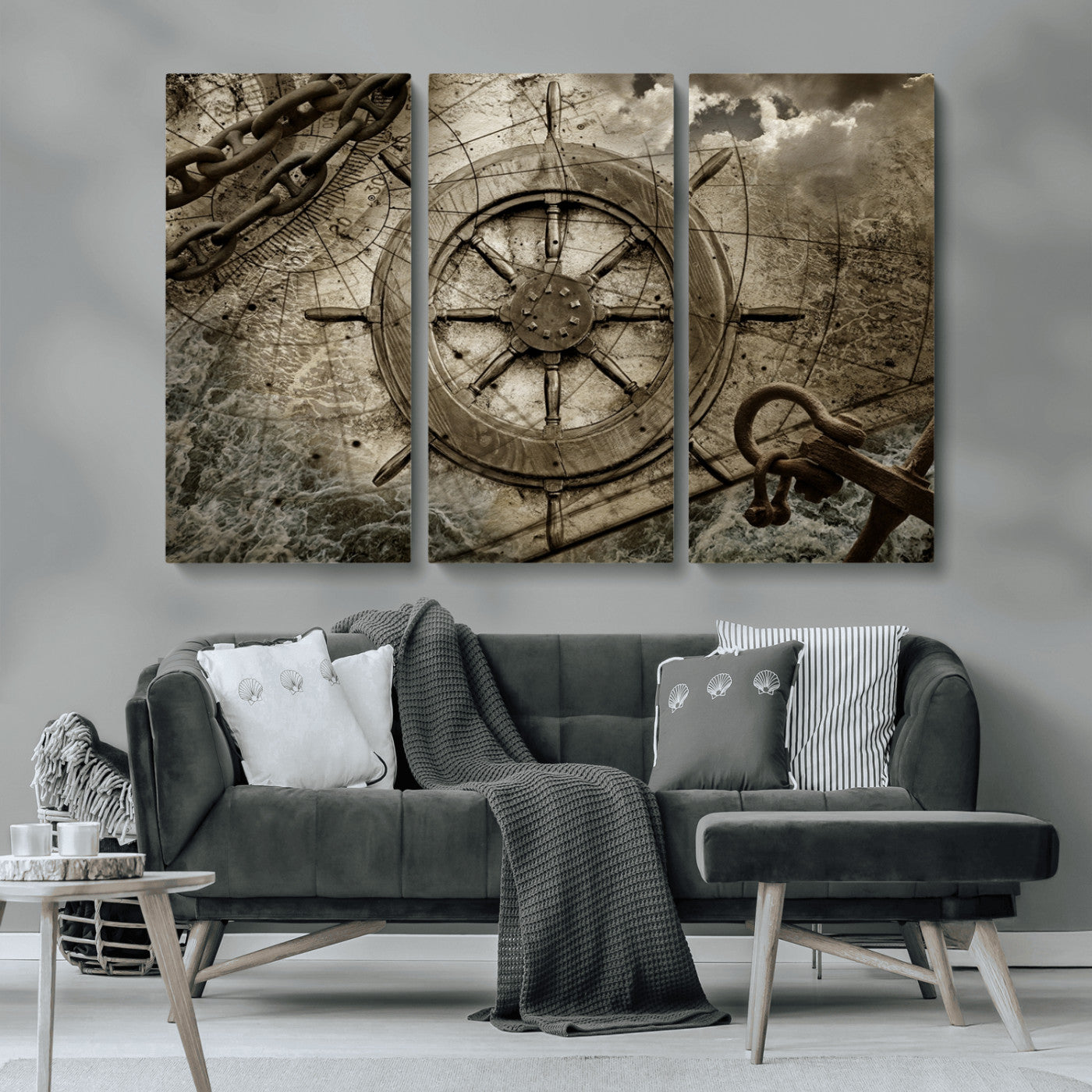 MGV-CV-48X32-3P - Wooden Ship Wheel Canvas Print, Multi Panel Canvas Wall Art Print