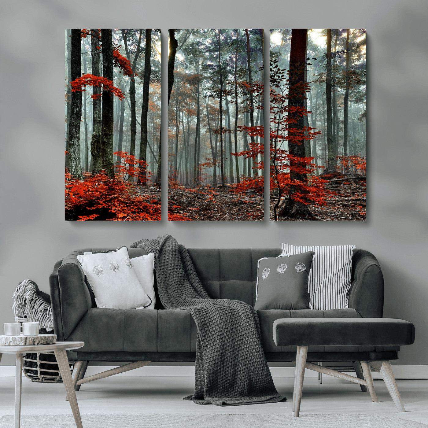 MGV-CV-48X32-3P - Autumn Forest Canvas Wall Art – Enchanting Red Leaves Triptych Print – Nature-Inspired Decor for