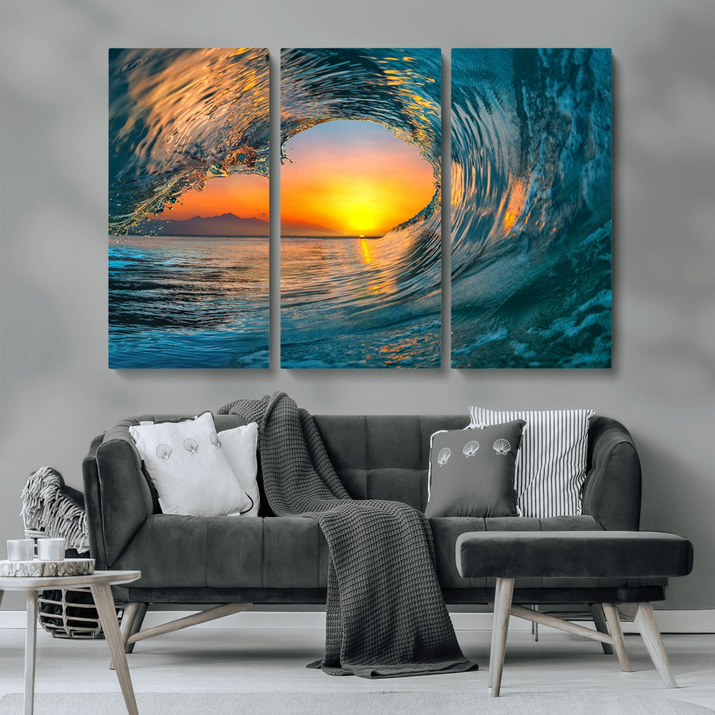MGV-CV-48X32-3P - Ocean Wave Sunset Wall Art | Large Coastal Wave Canvas Print | 3-Panel Ocean Sunset Seascape for
