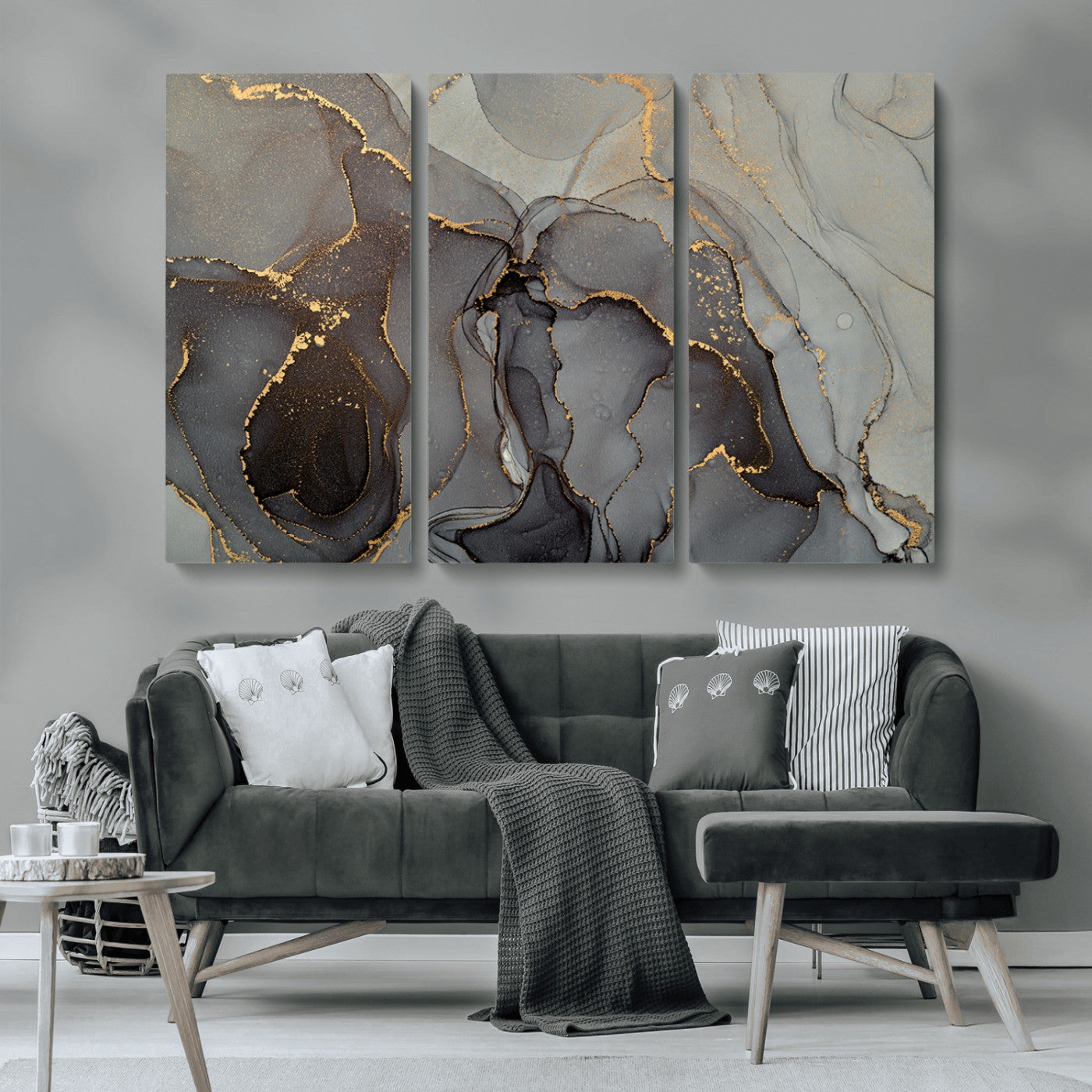 MGV-CV-48X32-3P - Gray Marble Fluid Effect Wall Art Abstract Canvas Wall Art Print