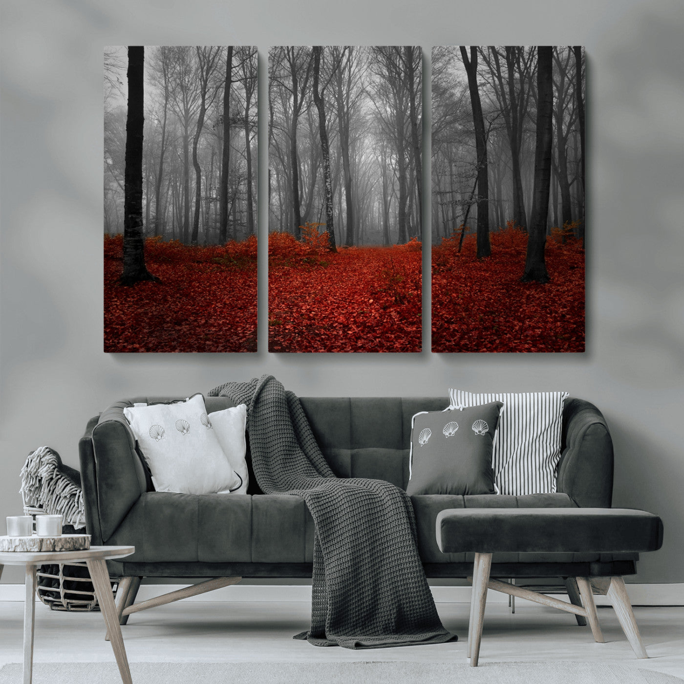 MGV-CV-48X32-3P - Red Forest Floor Canvas Wall Art – Mystical Foggy Woodland Triptych – Nature-Inspired Decor for