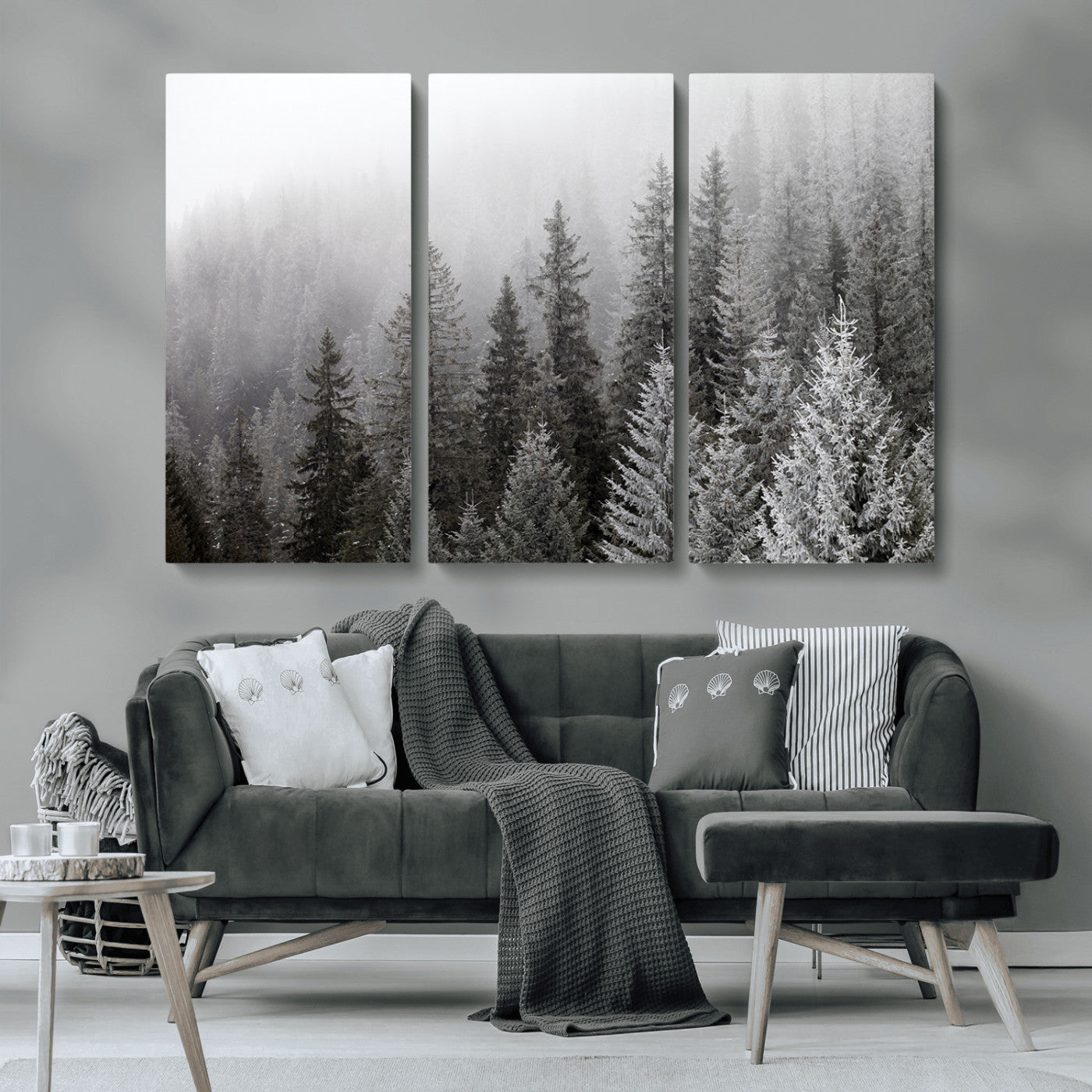 MGV-CV-48X32-3P - Big Foggy Forest and Misty Trees Forest Wall Art Canvas Print