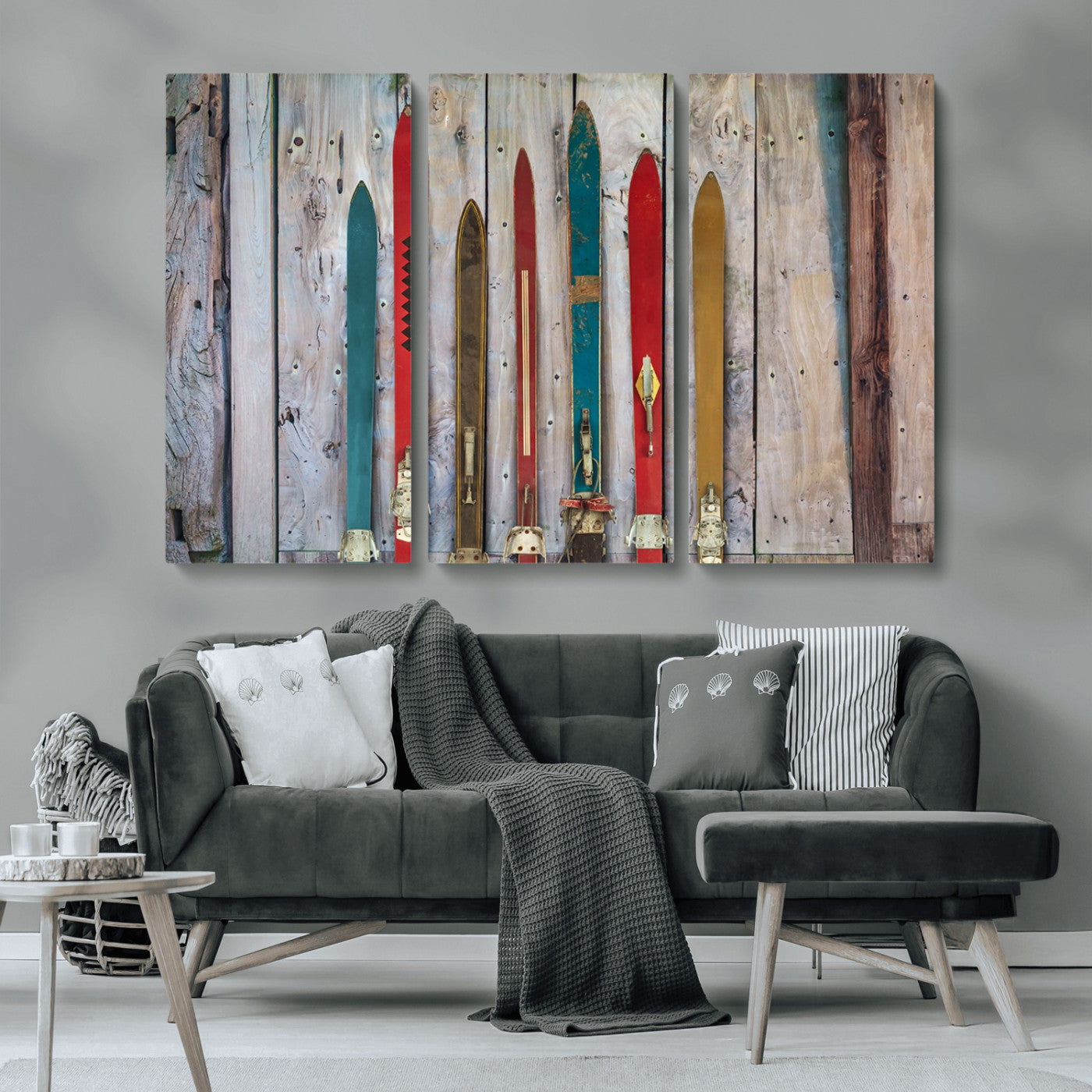 MGV-CV-48X32-3P - Vintage Wooden Weathered Ski's in Front of an Old Barn Wall Art Canvas Print for Farmhouse, Cabin