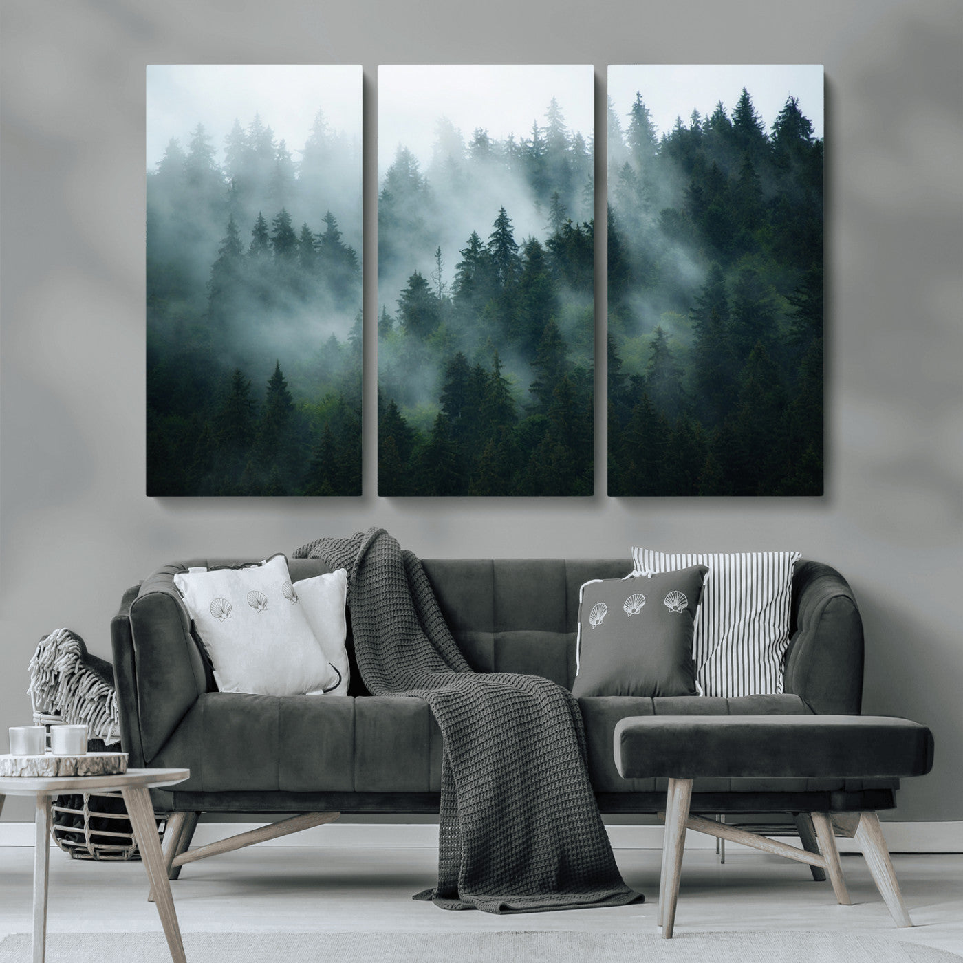 MGV-CV-48X32-3P - Foggy Forest 3-Panel Canvas Wall Art | Large Giclée Nature Scene Print for Living Room, Office, or