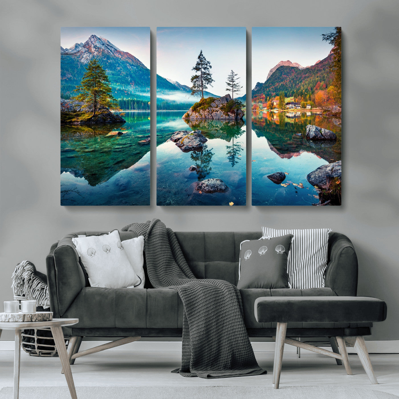 -Crystal Clear Lake Wall Art | Mountains Wall Art Canvas | 3 Panel Large Landscape Print for Dining