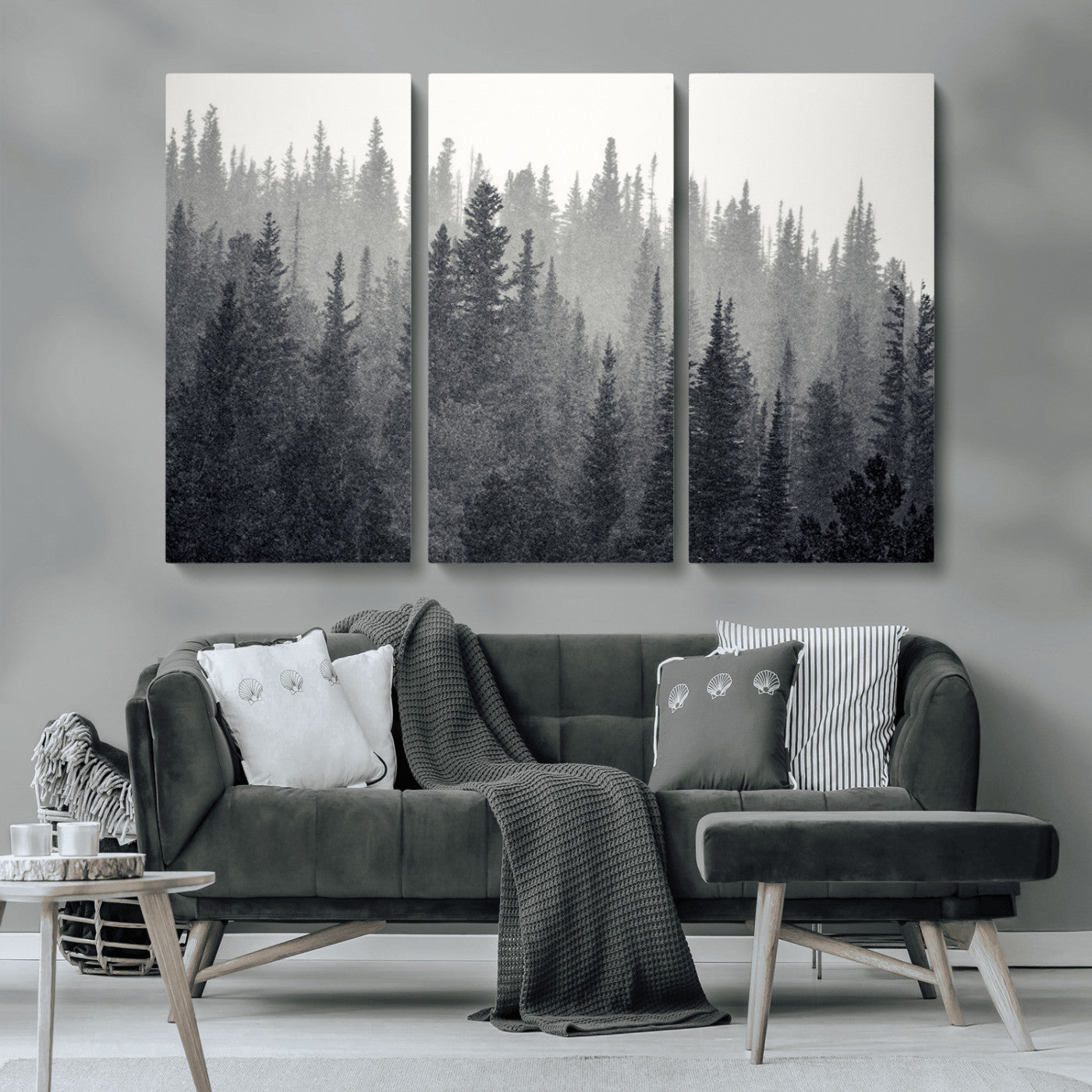 MGV-CV-48X32-3P - Misty Forest Canvas Wall Art – Monochrome Triptych Pine Tree Print – Nature-Inspired Home Decor –
