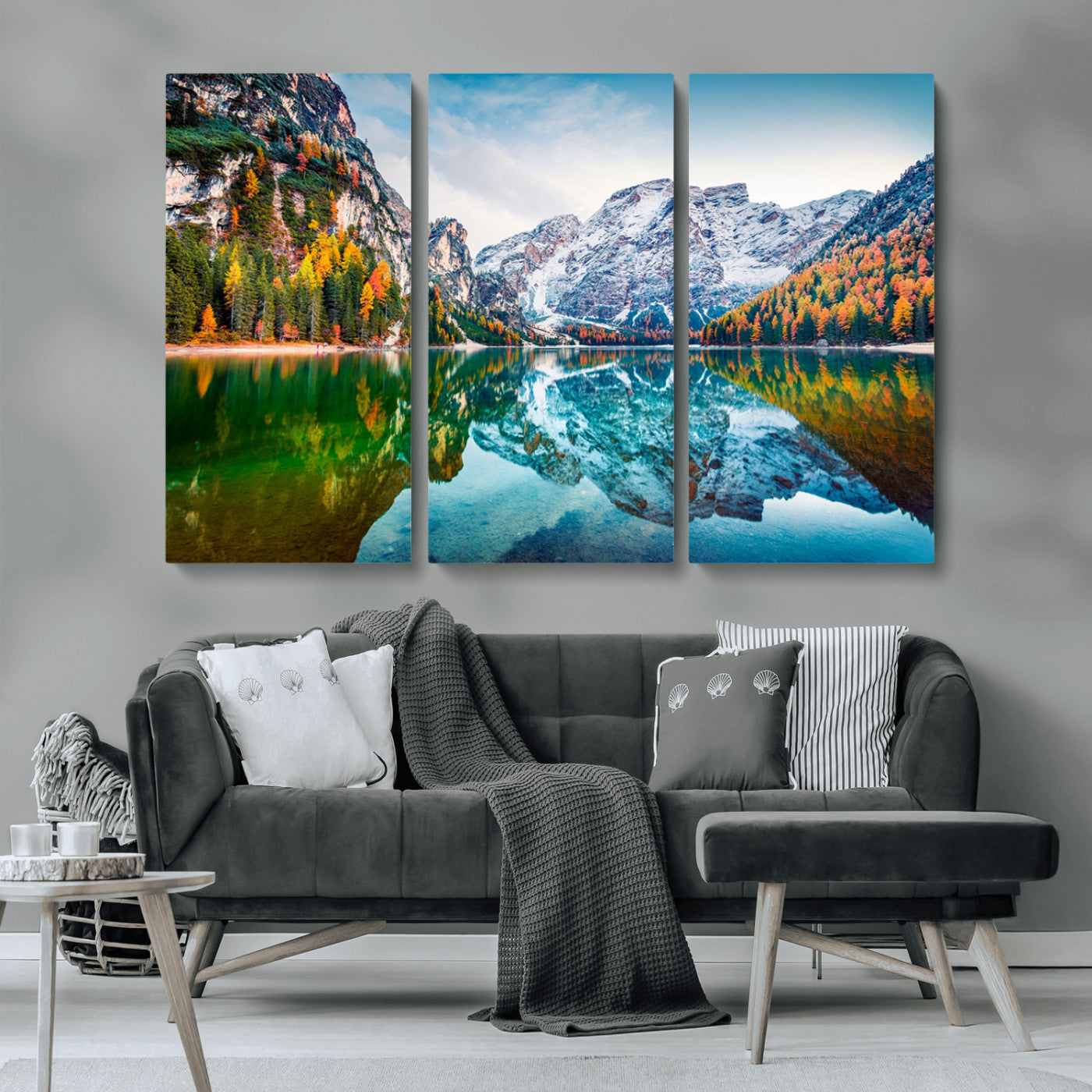 MGV-CV-48X32-3P - Spectacular autumn view of Braies Lake Wall Art Canvas Print